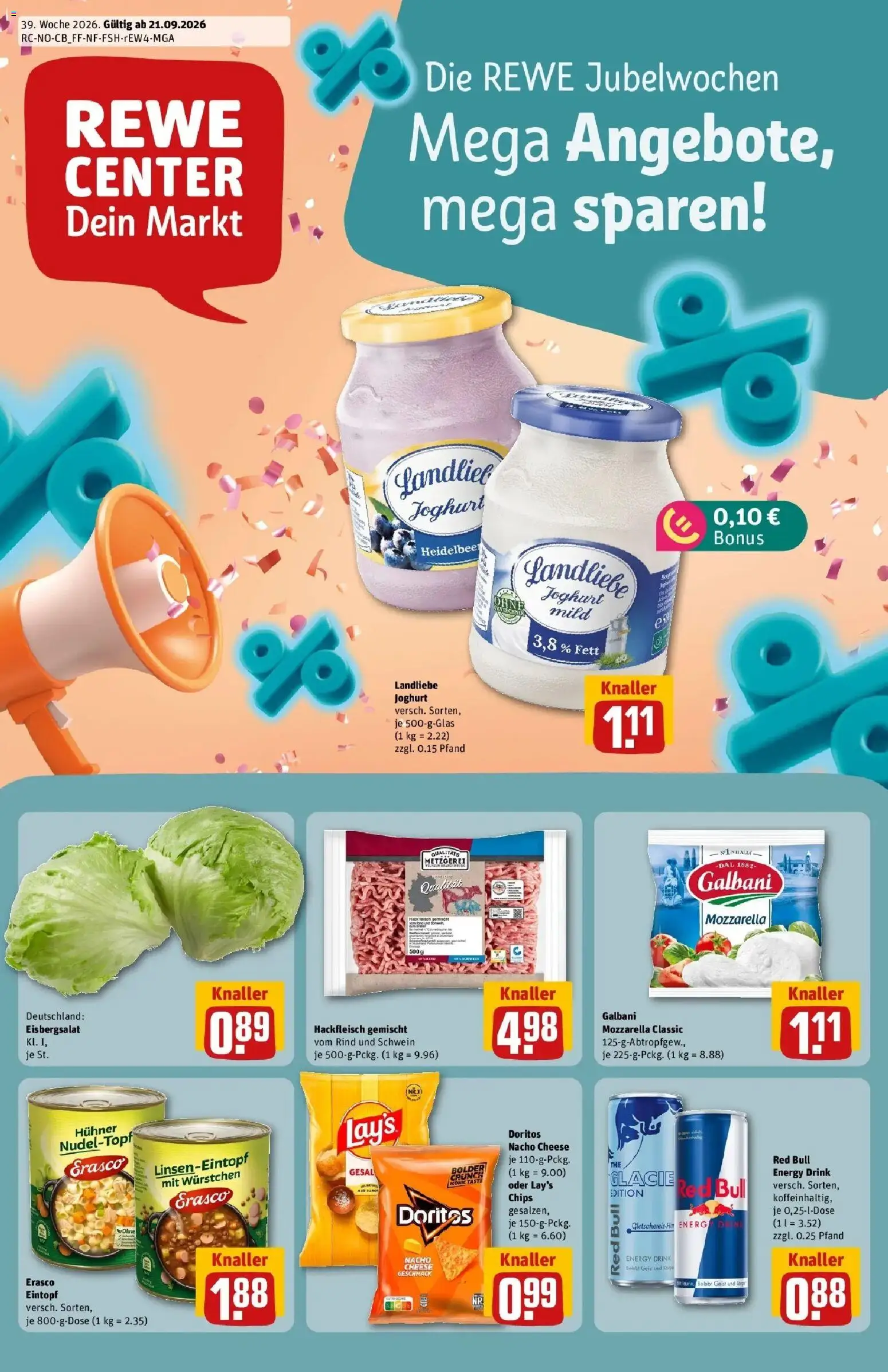 REWE Prospekt ab 21.09.2026 zum Blättern » Angebote | Seite: 1 | Produkte: Red bull, Eisbergsalat, Chips, Hackfleisch