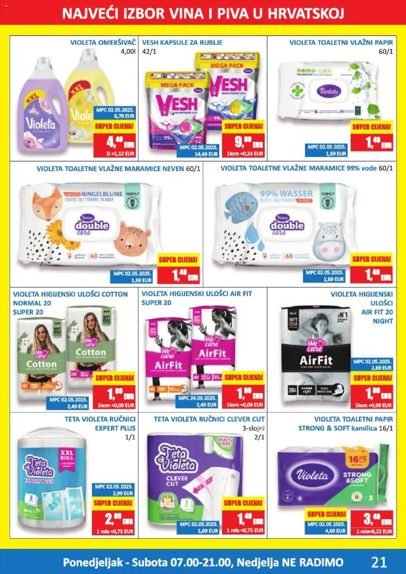 Vrutak katalog | vrijedi od 11.05.2026 | Stranica: 21 | Proizvodi: Higijenski ulošci, Vlažne maramice, Toaletni papir, Violeta