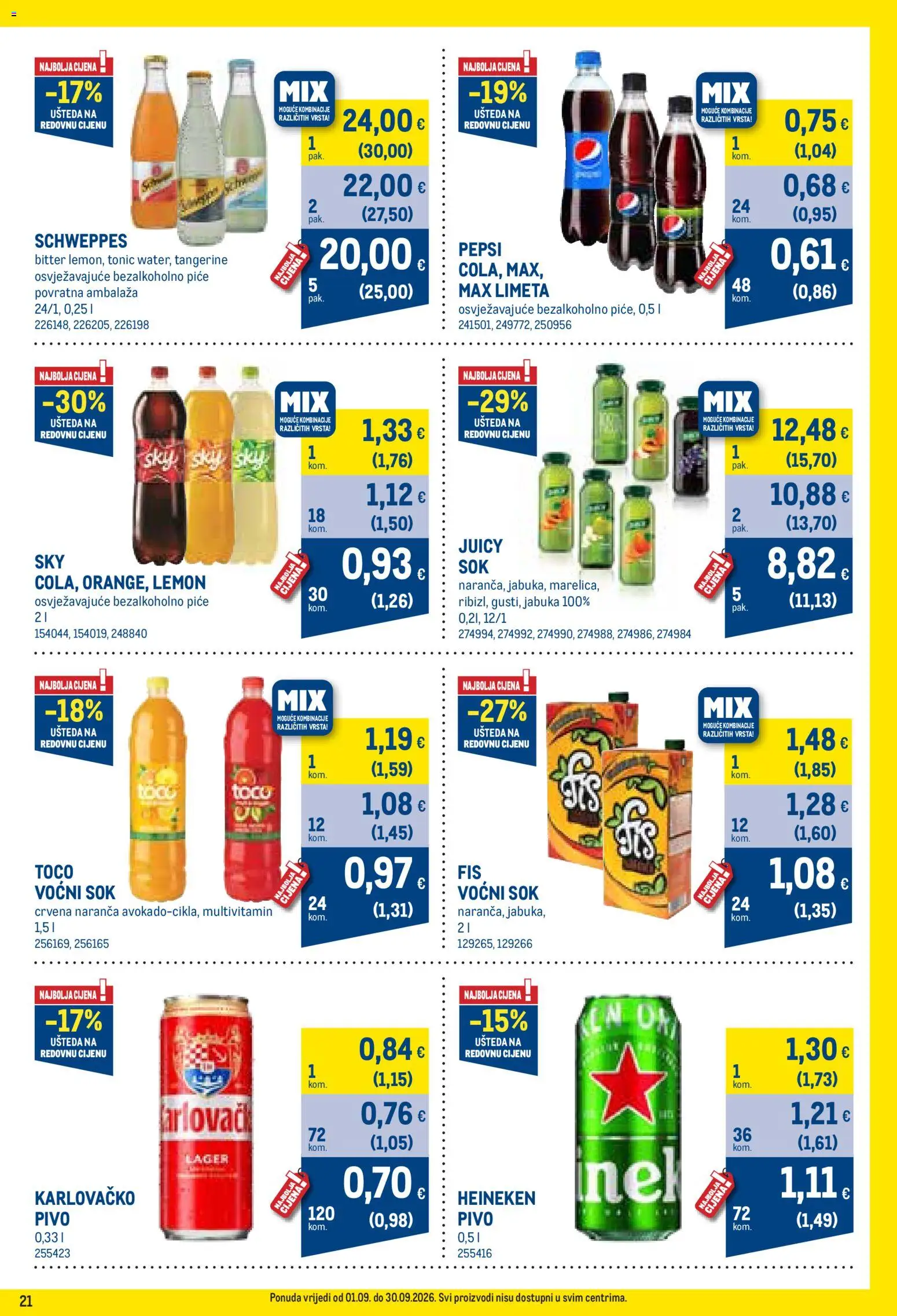 Metro katalog | vrijedi od 01.09.2026 | Stranica: 21 | Proizvodi: Pepsi, Karlovačko, Heineken, Voćni sok