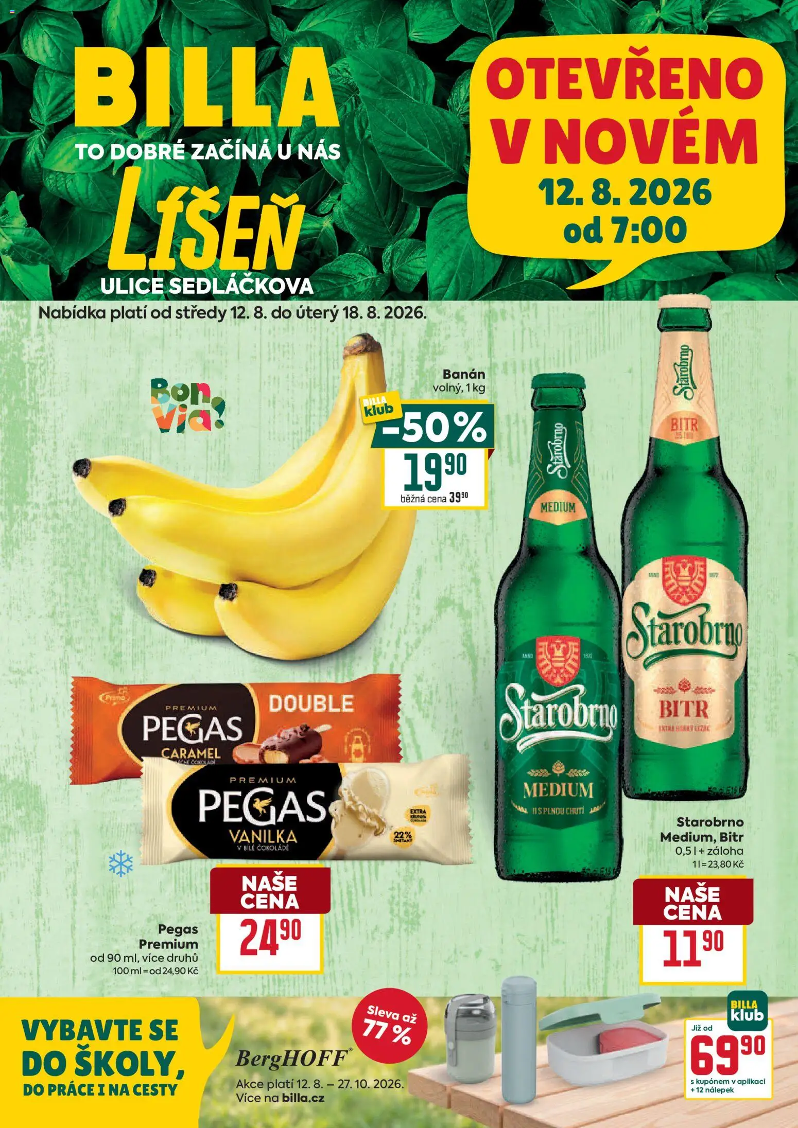Billa leták - Brno od 12.08.2026 | Strana: 1 | Produkty: Starobrno, Vanilka, Banán