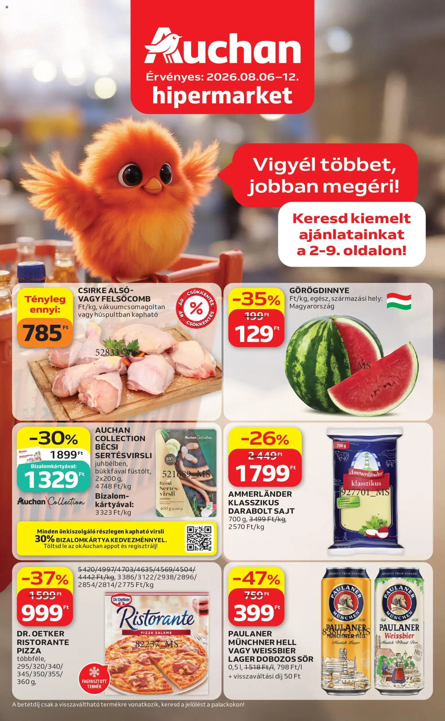 Auchan akciós ujság - amely érvényes a következő dátumtól: 2026.08.06. | Oldal: 1 | Termékek: Sajt, Pizza, Dobozos sör, Sör