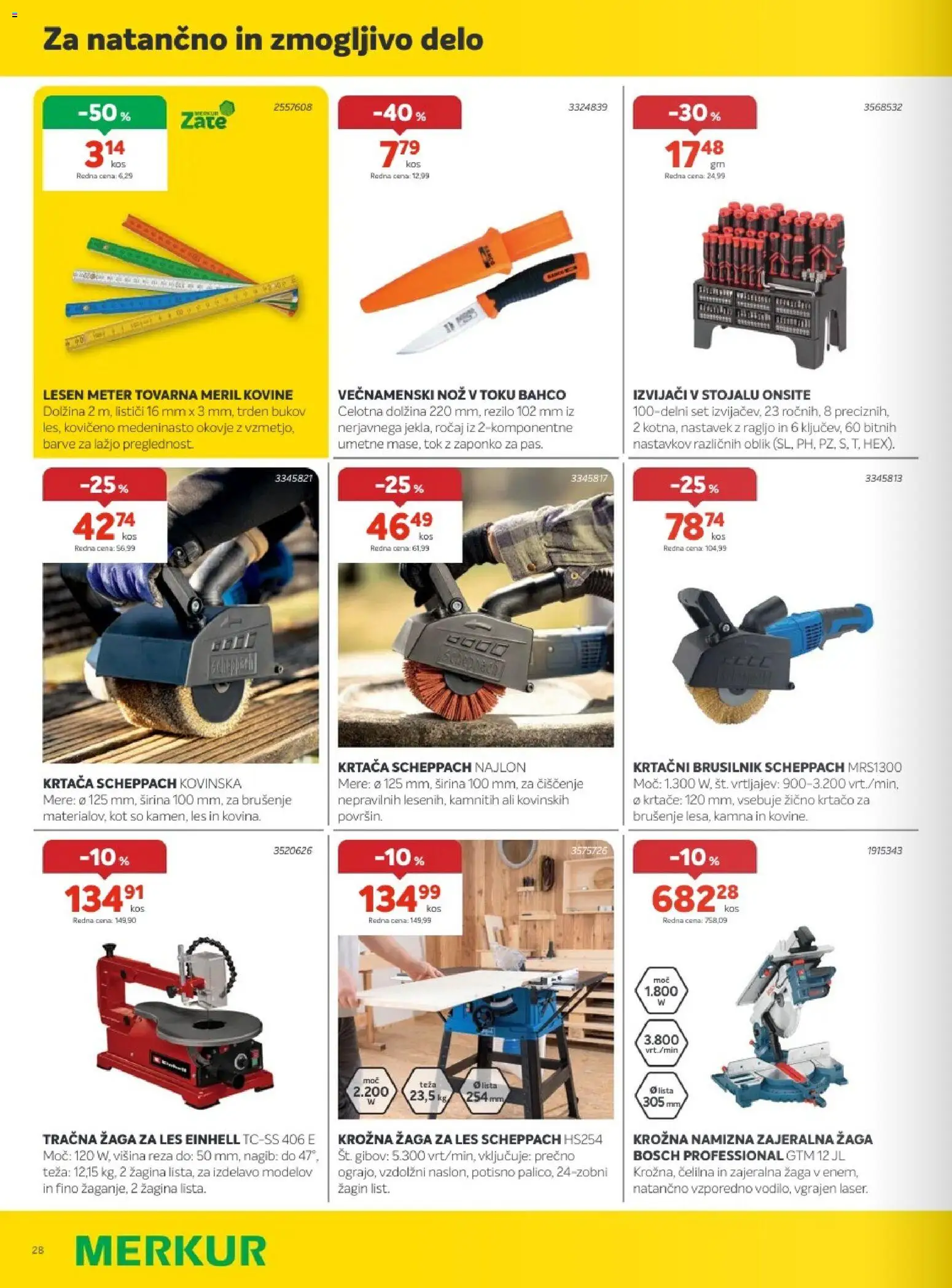 Novi Merkur katalog ponudbe – veljaven od 01.07.2026 | Stran: 28 | Izdelki: Nož, Teza, Krožna žaga, Brusilnik