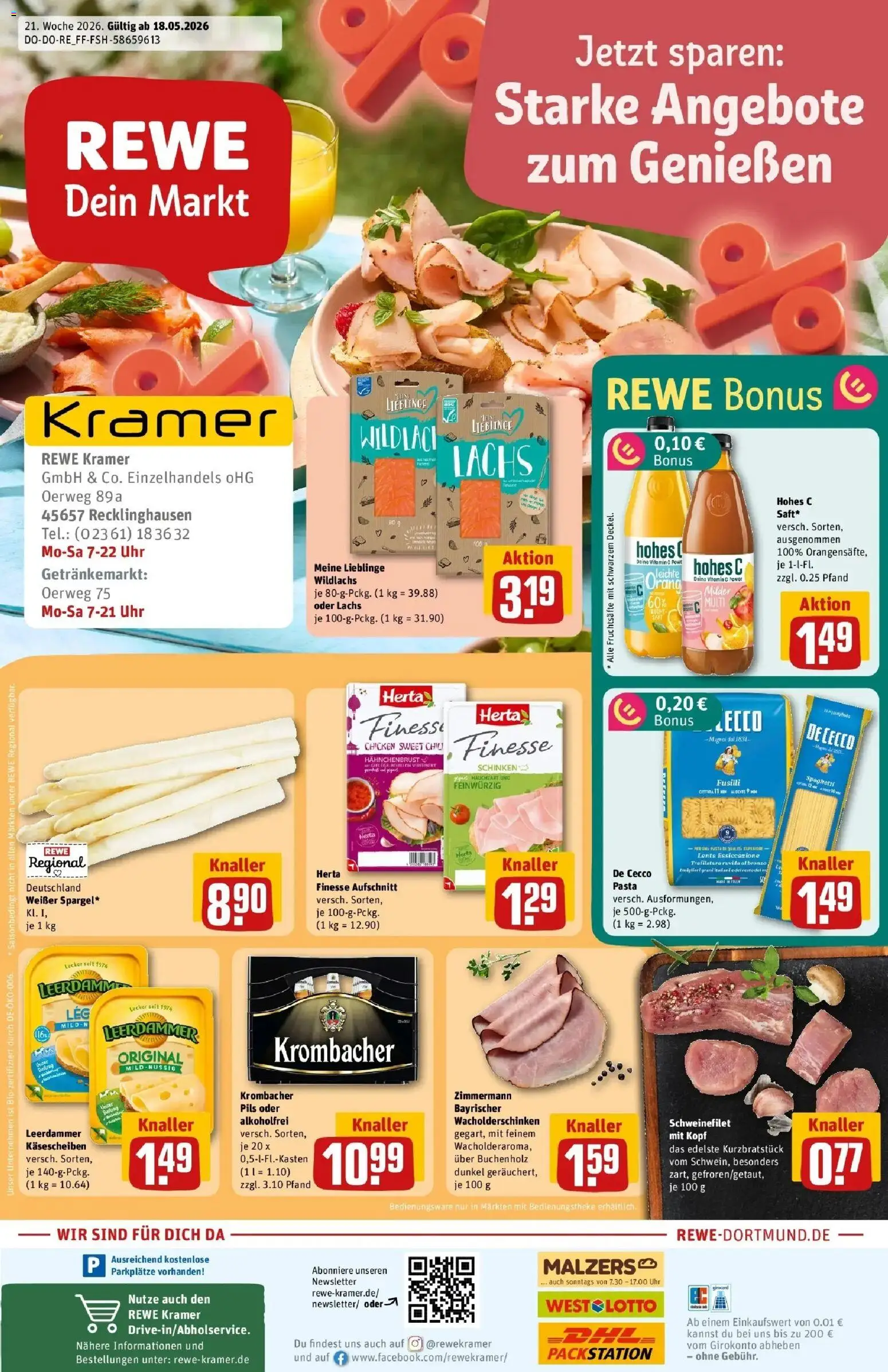 Rewe Prospekt Recklinghausen – gültig ab 17.05.2026 | Seite: 1 | Produkte: Pils, Leerdammer, Schweinefilet, Herta finesse