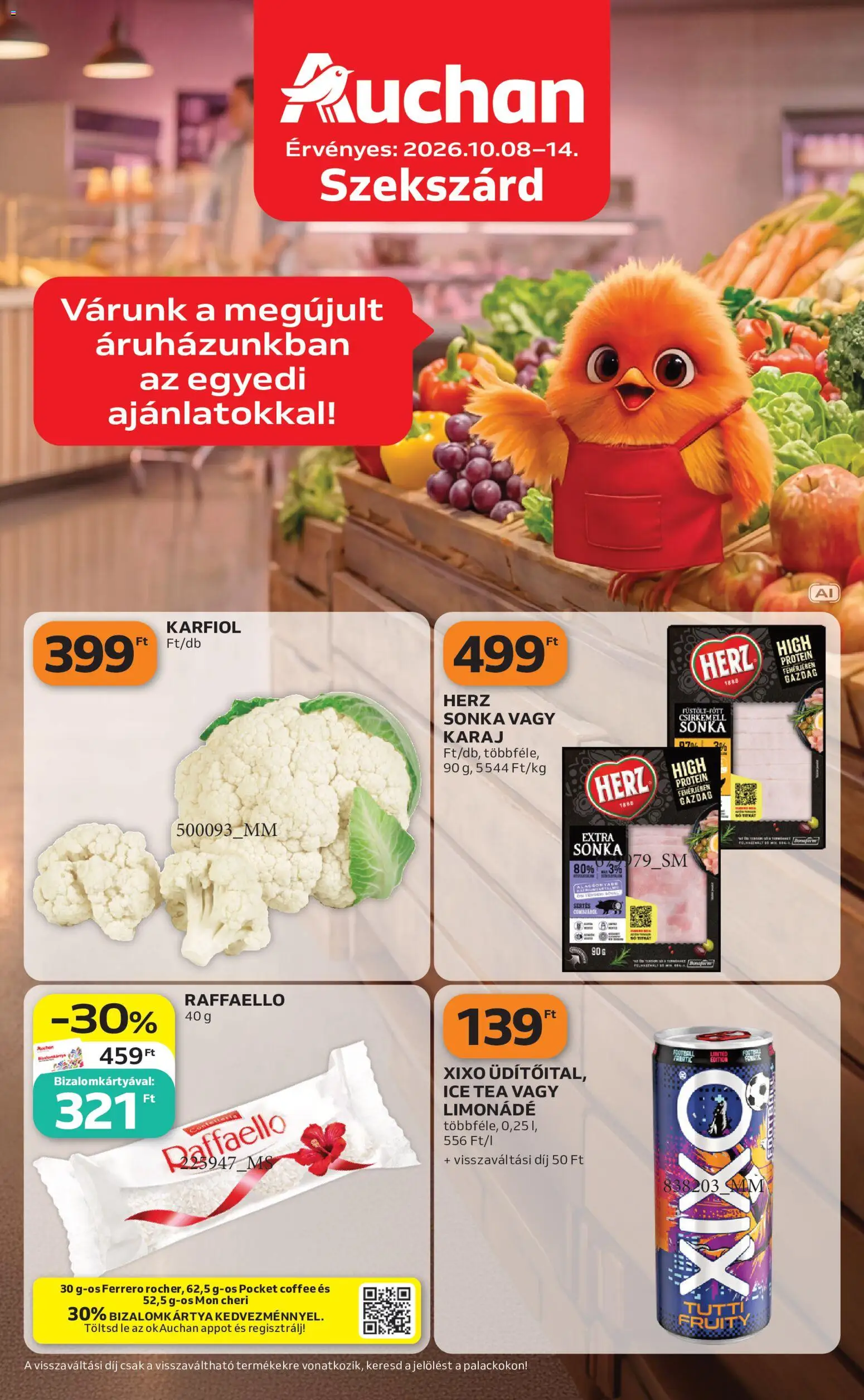 Auchan akciós ujság - amely érvényes a következő dátumtól: 2026.10.08. | Oldal: 1 | Termékek: Karfiol, Mon Chéri, Limonádé, Só