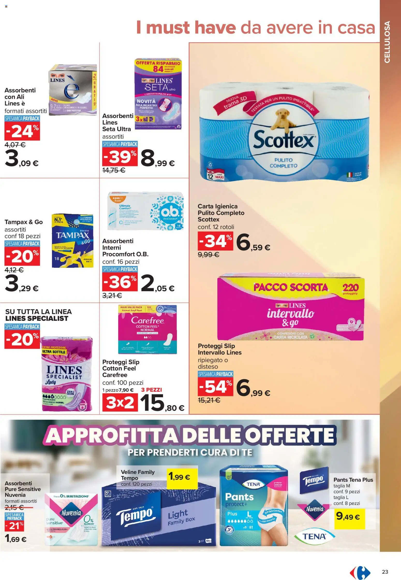 Volantino Carrefour del 10/07/2026 | Pagina: 23 | Prodotti: Carta igienica, Proteggi slip, Veline, Tè