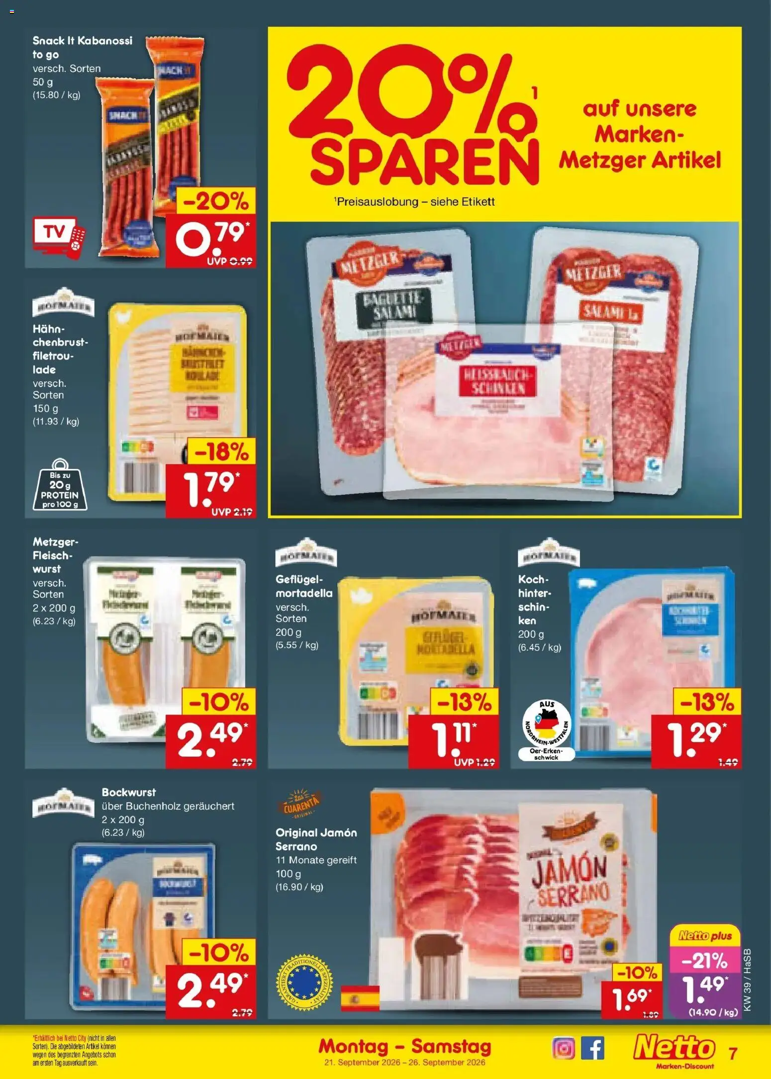 Netto Marken-Discount Prospekt Unna – gültig ab 21.09.2026 | Seite: 11 | Produkte: Bockwurst, Baguette, Schinken, Fleisch