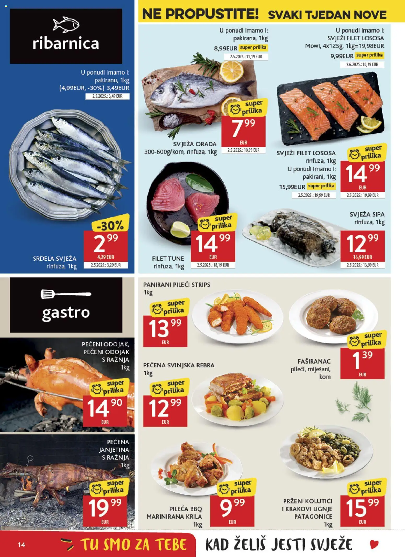 Konzum katalog | vrijedi od 12.08.2026 | Stranica: 14 | Proizvodi: Janjetina, Odojak, Srdela, Lignje