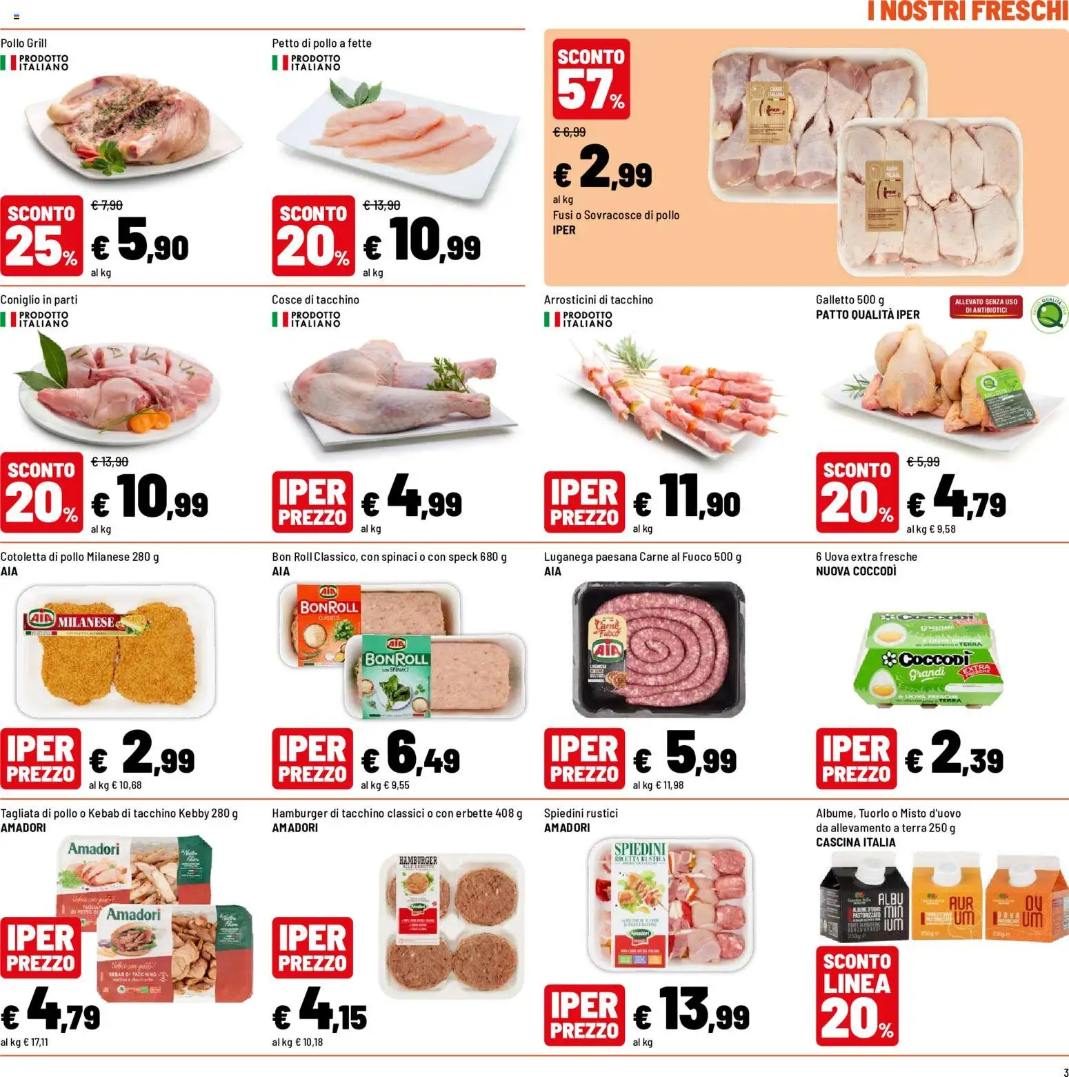 Volantino Iper del 30/07/2026 | Pagina: 3 | Prodotti: Uova, Hamburger, Spiedini, Terra