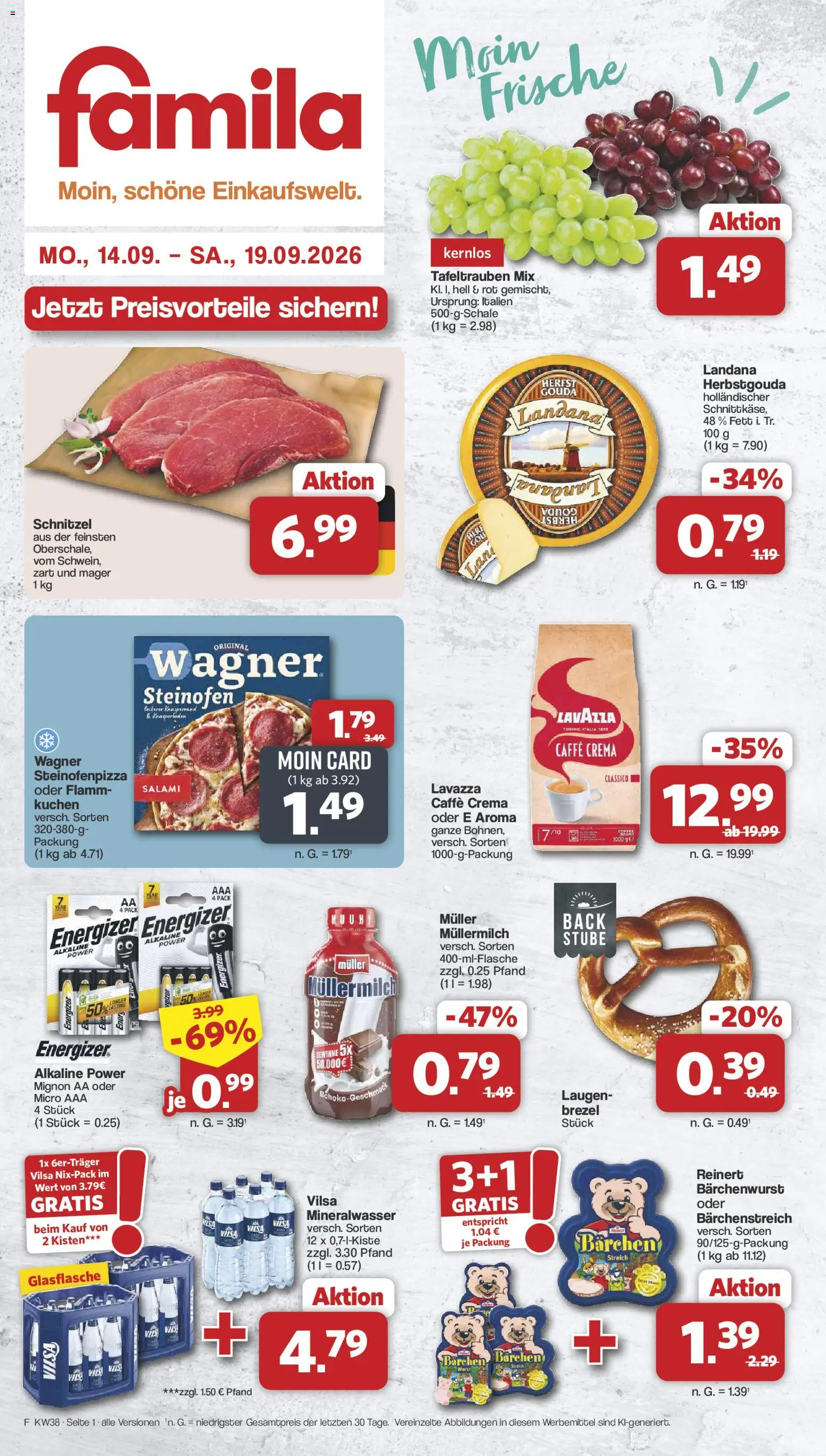 Famila Nordwest Prospekt – gültig ab 14.09.2026 | Seite: 1 | Produkte: Lavazza, Mineralwasser, Wurst, Müllermilch