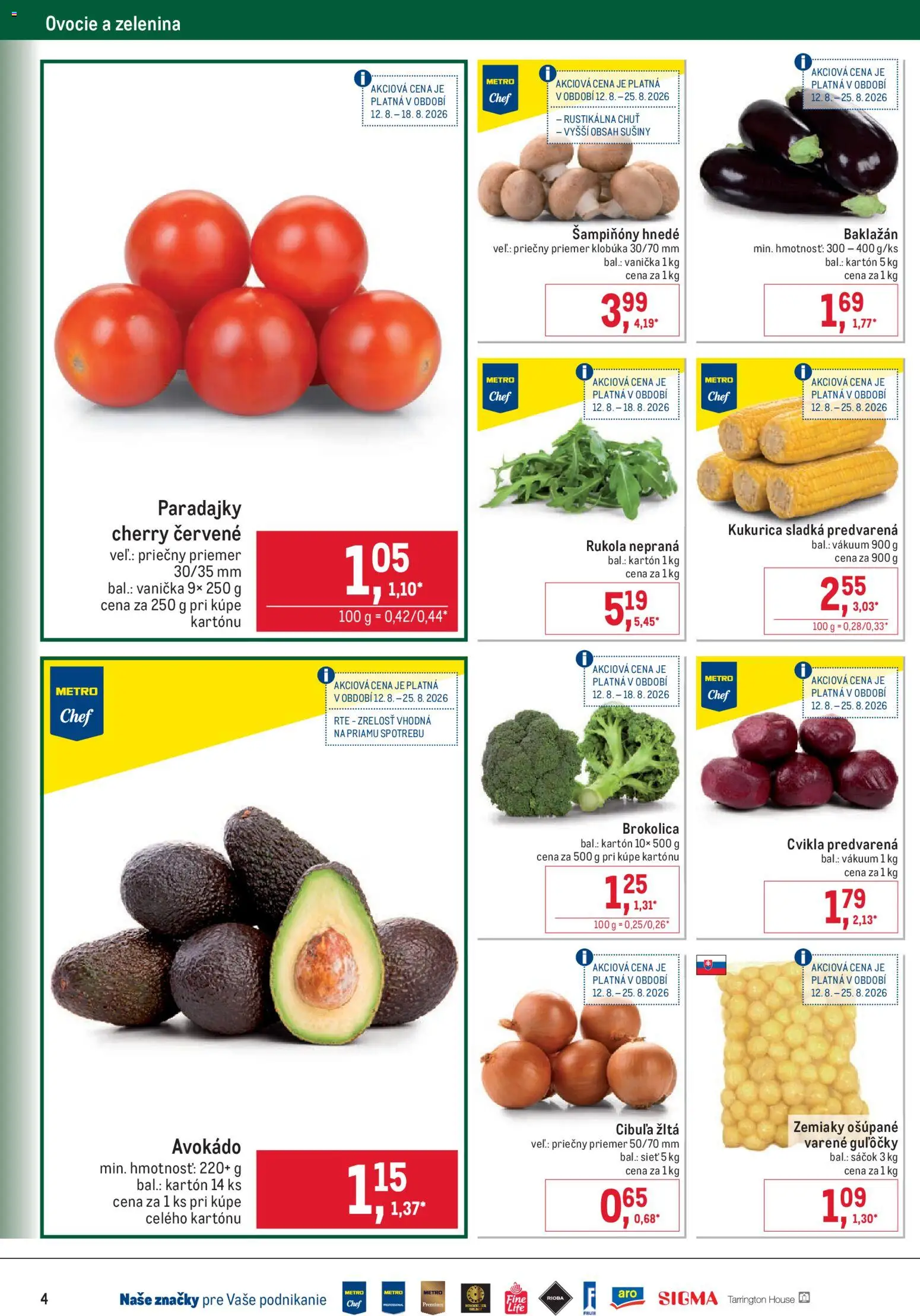 Nové Metro akcie – leták je platný od 12.08.2026 | Strana: 4 | Produkty: Paradajky, Šampiňóny, Zemiaky, Cibuľa