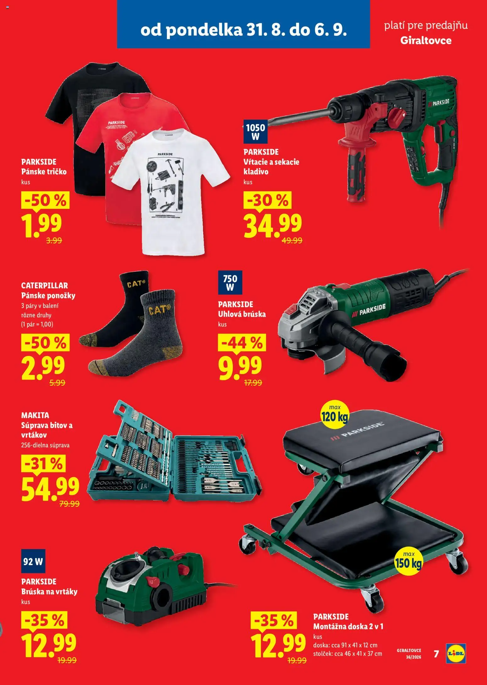 Nové Lidl akcie – leták je platný od 31.08.2026 | Strana: 7 | Produkty: Uhlová brúska, Parkside, Tričko