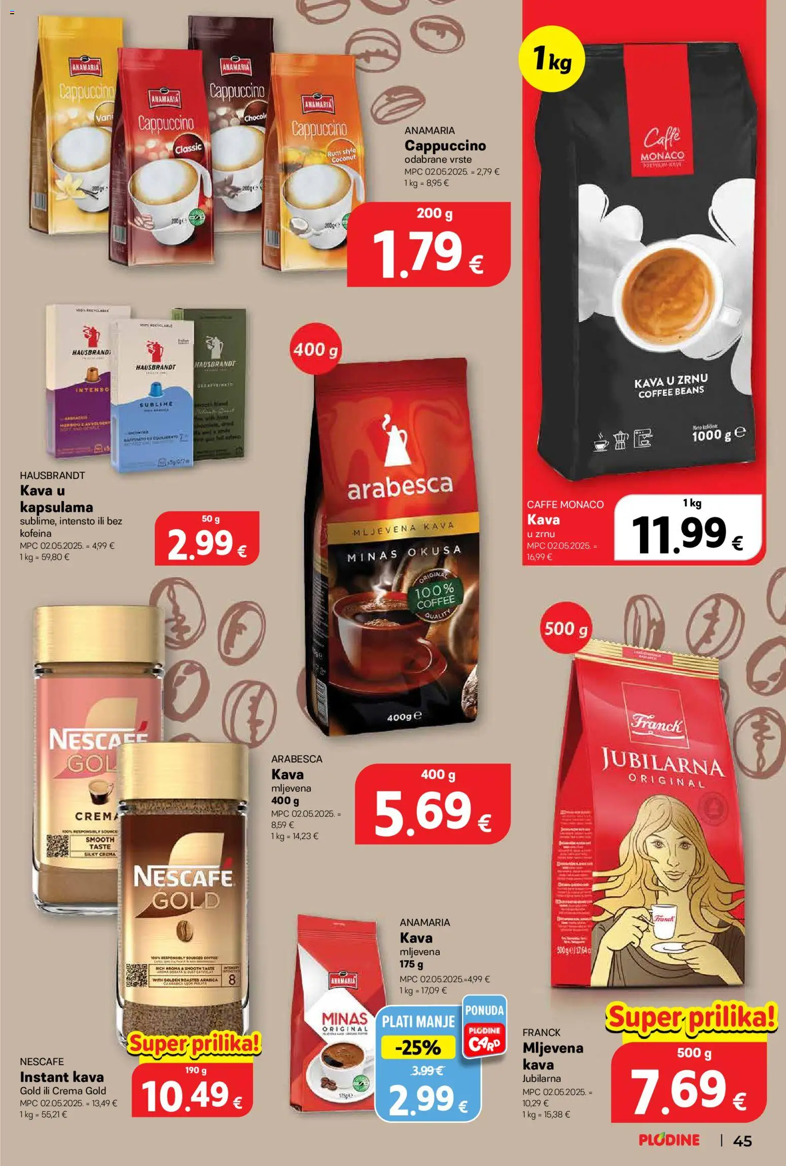 Plodine katalog | vrijedi od 18.06.2026 | Stranica: 45 | Proizvodi: Mljevena kava, Nescafe, Arabesca, Cappuccino
