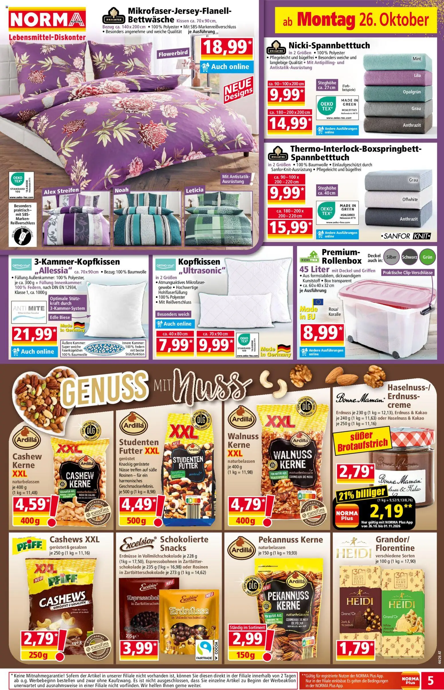 Norma Flugblatt gültig ab 26.10.2026 | Seite: 5 | Produkte: Nüsse, Rosinen, Erdnüsse, Kissen