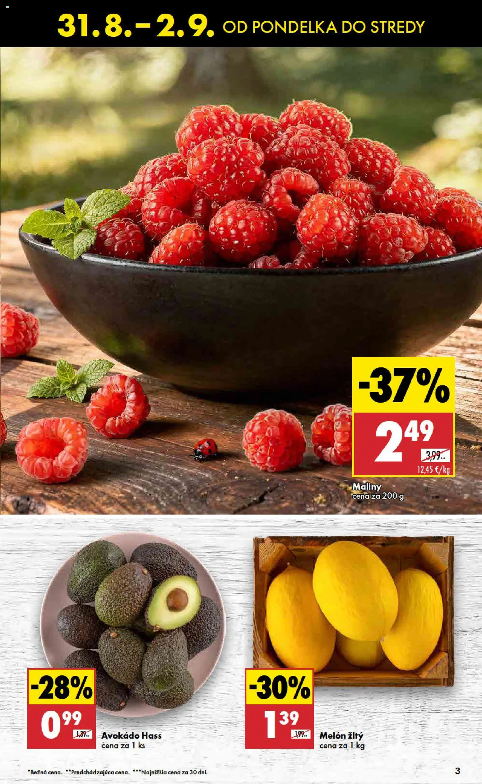 Nové Biedronka akcie – leták je platný od 31.08.2026 | Strana: 3 | Produkty: Avokádo, Žltý melón, Melón, Maliny