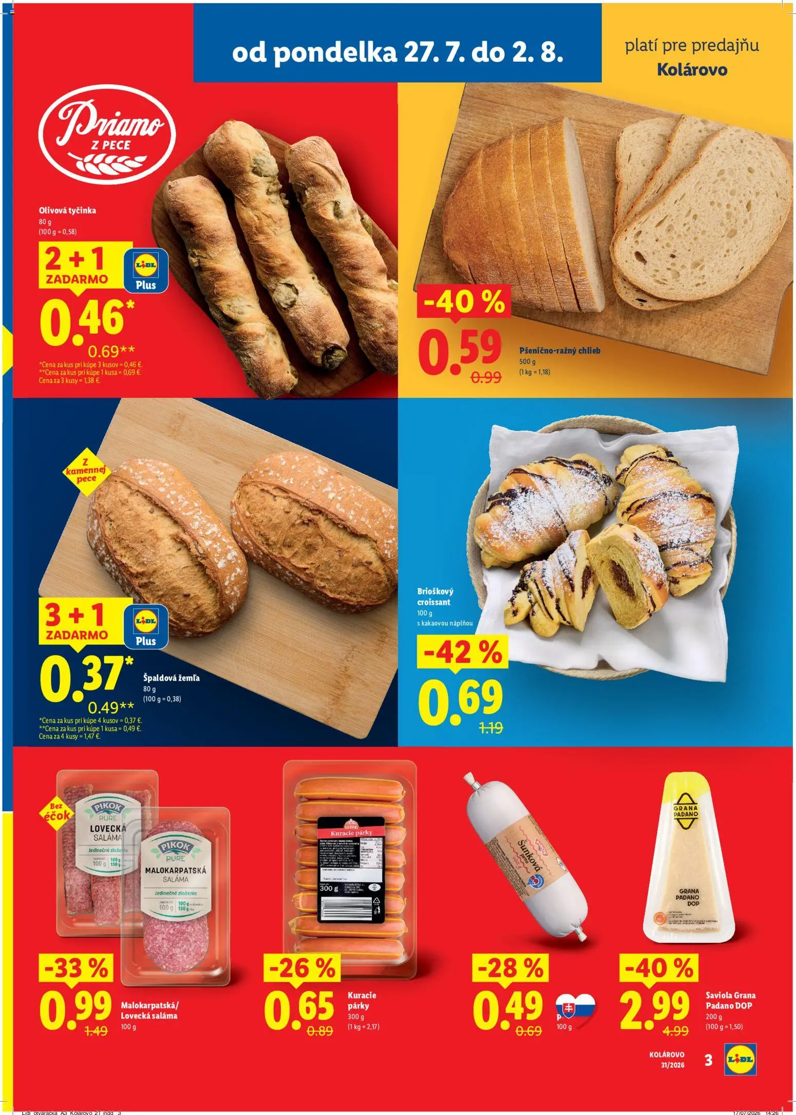 Nové Lidl akcie – leták je platný od 27.07.2026 | Strana: 3 | Produkty: Chlieb, Saláma, Croissant, Párky