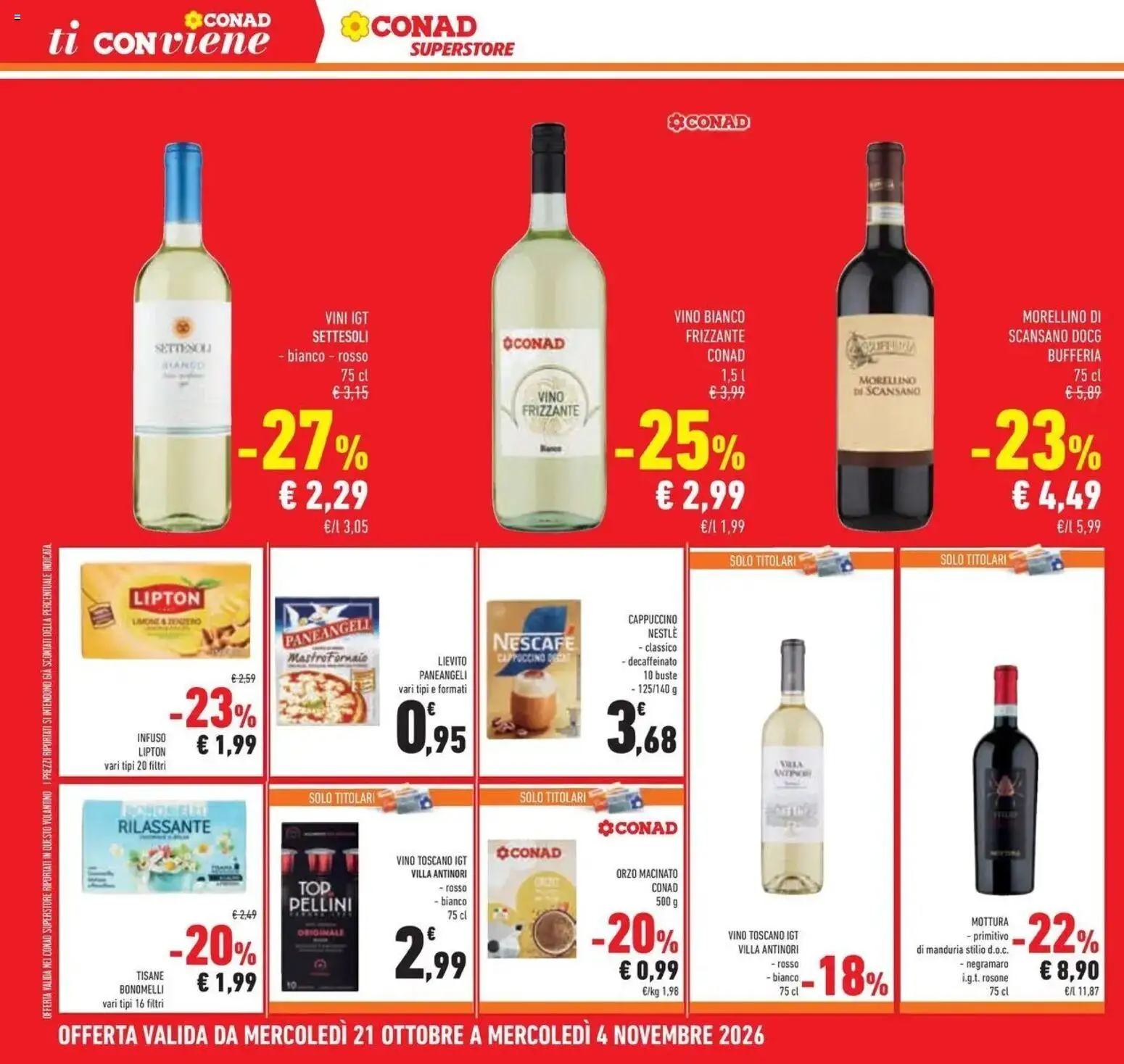Anteprima volantino Conad dal 21/10/2026 prossima settimana | Pagina: 34 | Prodotti: Cappuccino, Vino, Nescafé, Lievito