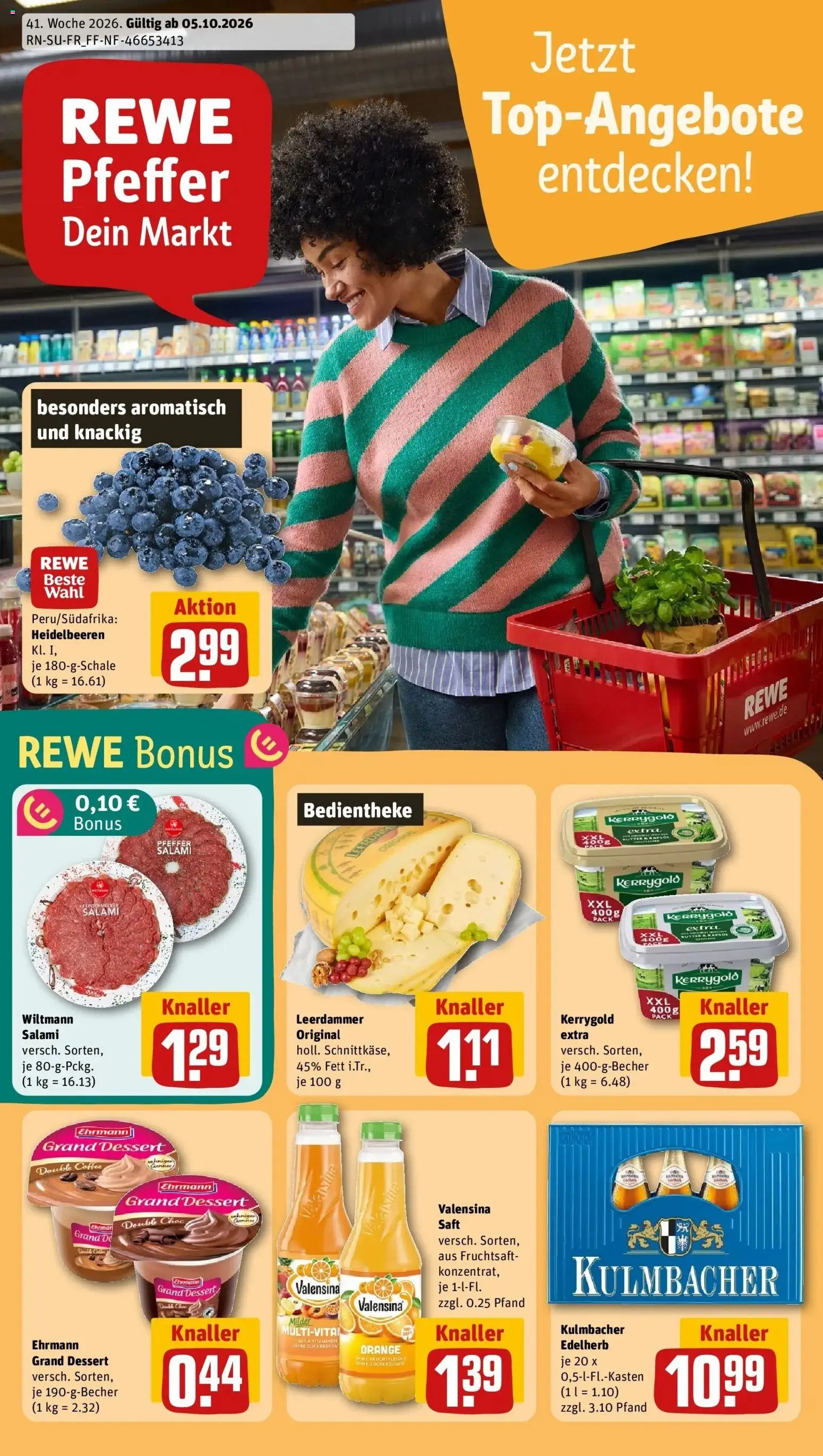 REWE Prospekt ab 05.10.2026 zum Blättern » Angebote | Seite: 1 | Produkte: Leerdammer, Valensina, Pfeffer, Salami
