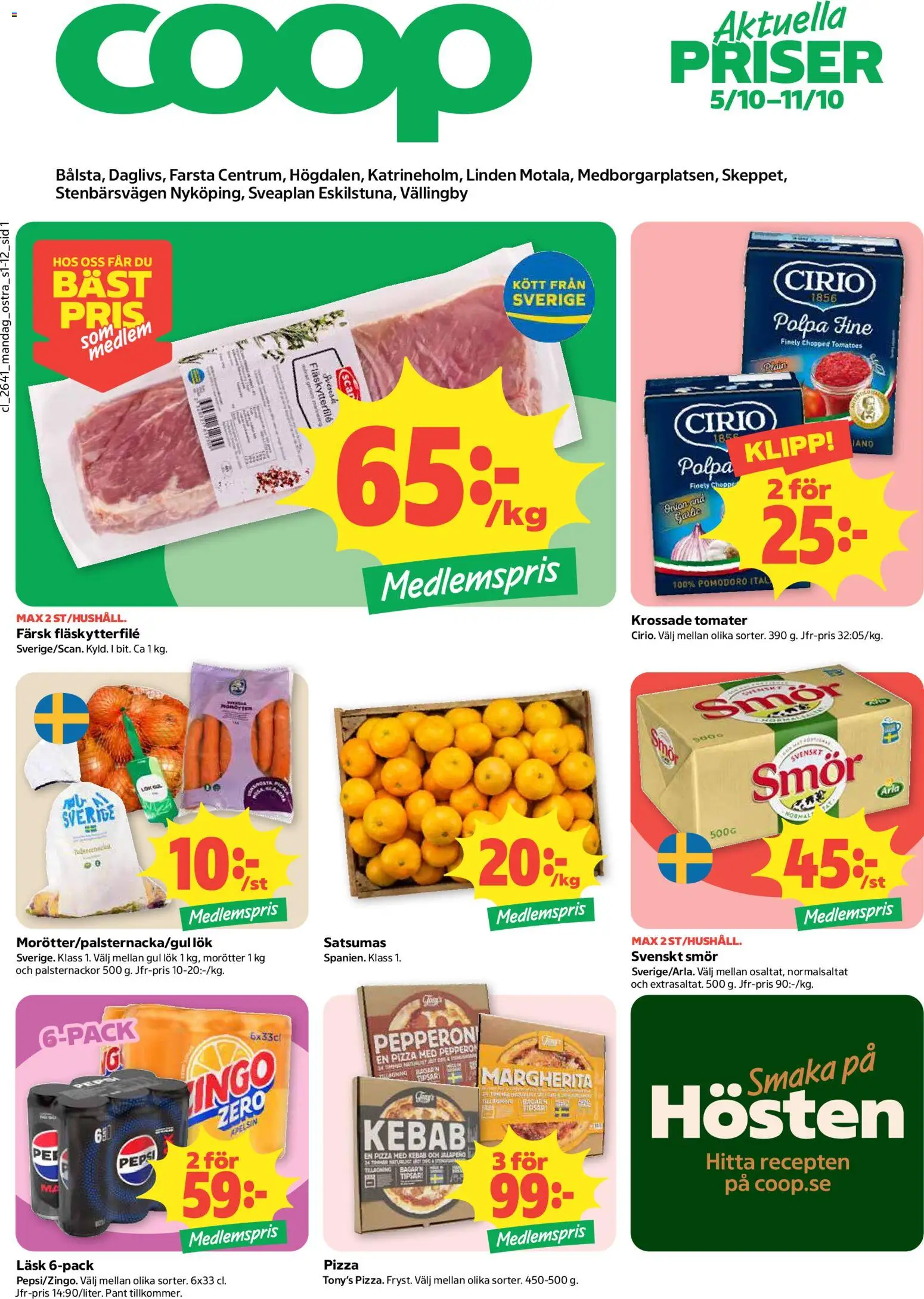 Coop Daglivs reklamblad aktuell från 05/10/2026 | Sida: 1 | Produkter: Krossade tomater, Fläskytterfilé, Pepsi, Pizza