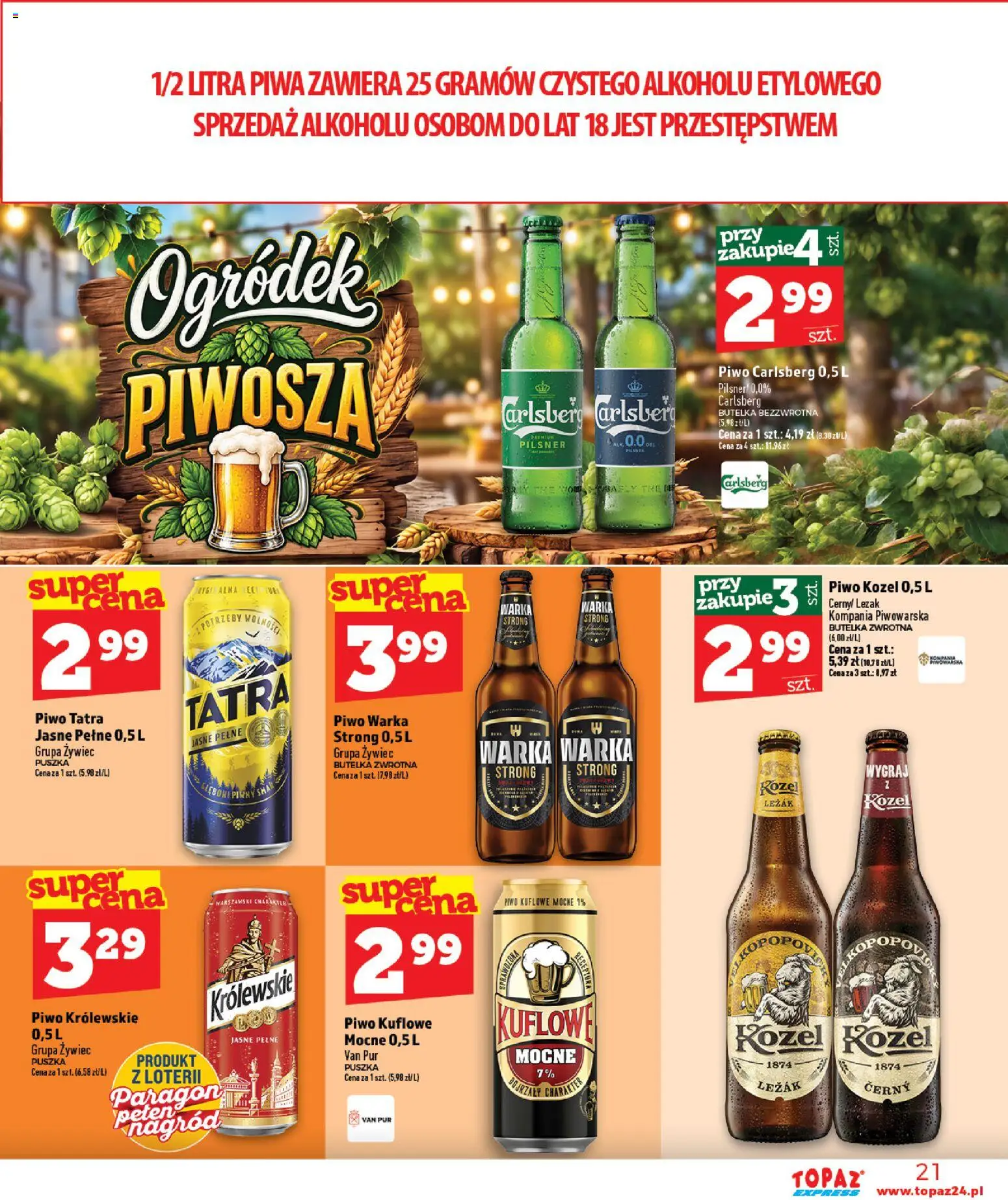 Topaz gazetka - Express od 08.10.2026 | Strona: 21 | Produkty: Warka, Piwo Warka, Piwo Królewskie, Piwo Carlsberg