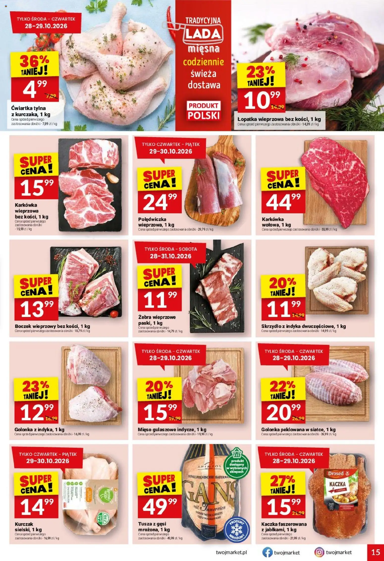 Twój Market gazetka od 28.10.2026 | Strona: 15 | Produkty: Karkówka, Karkówka wieprzowa, Kaczka, Boczek