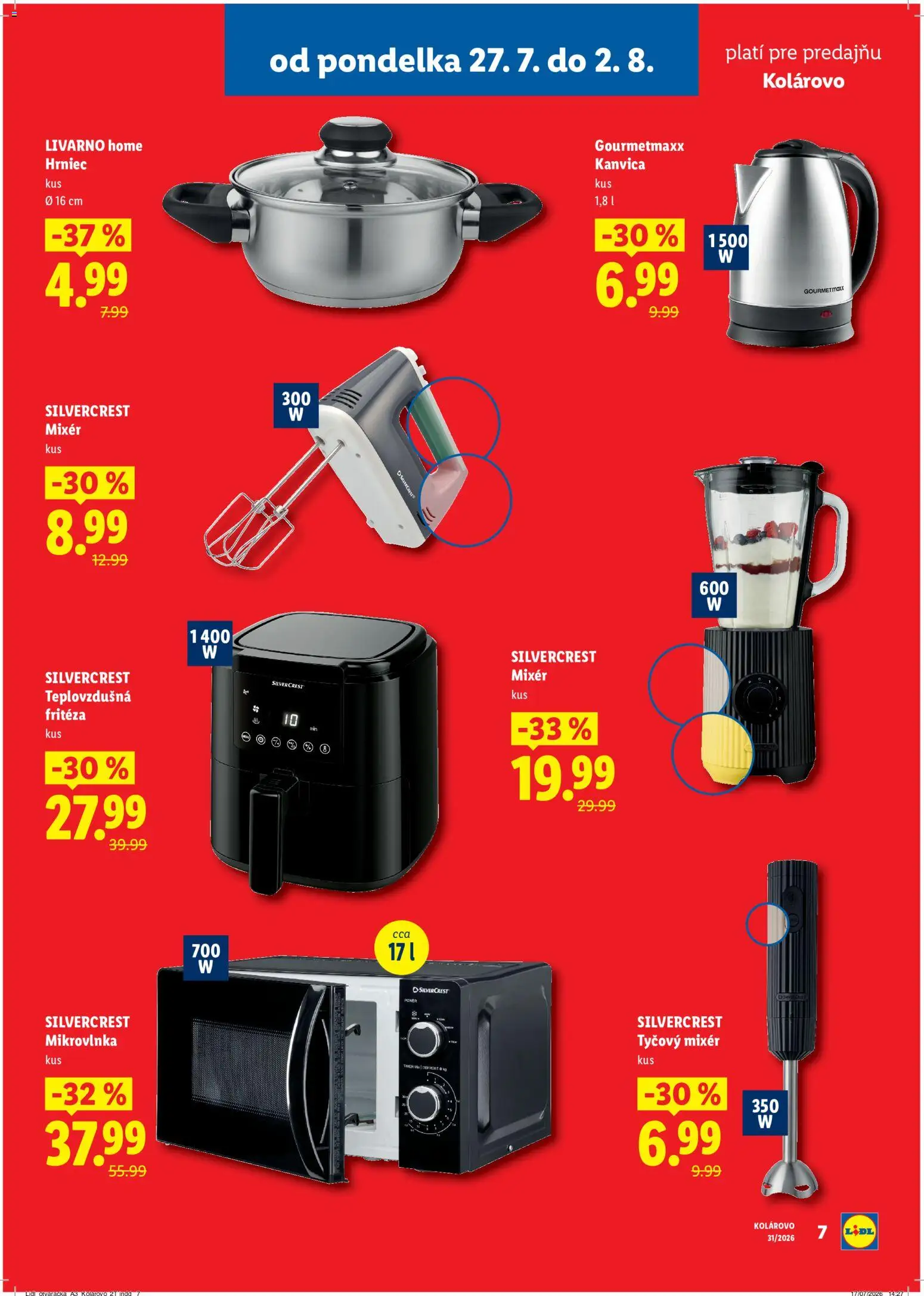 Nové Lidl akcie – leták je platný od 27.07.2026 | Strana: 7 | Produkty: Fritéza, Teplovzdušná frítéza, Mixér, Tyčový mixér