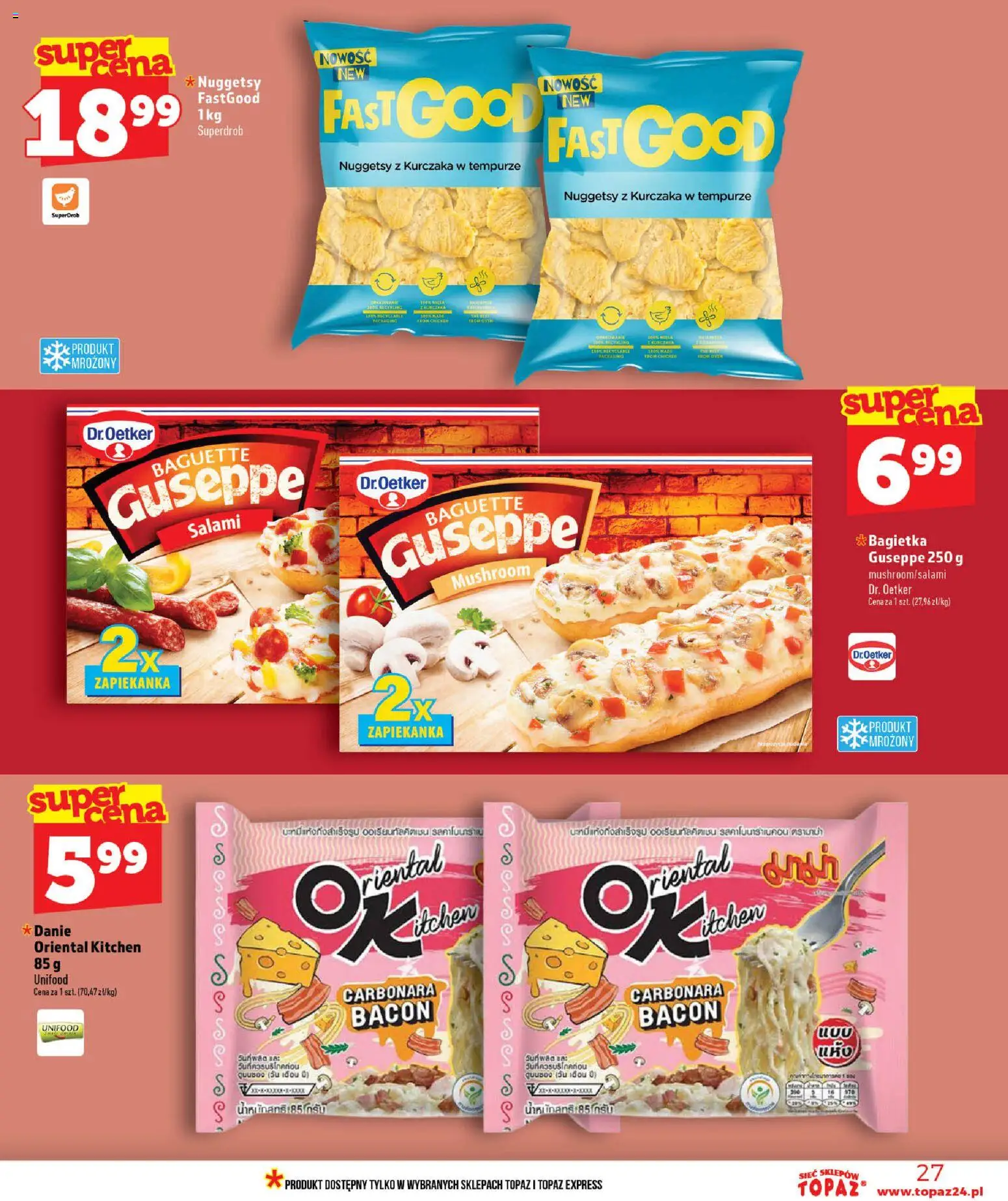 Topaz gazetka od 16.07.2026 | Strona: 27 | Produkty: Carbonara, Nuggetsy z kurczaka, Salami, Nuggetsy