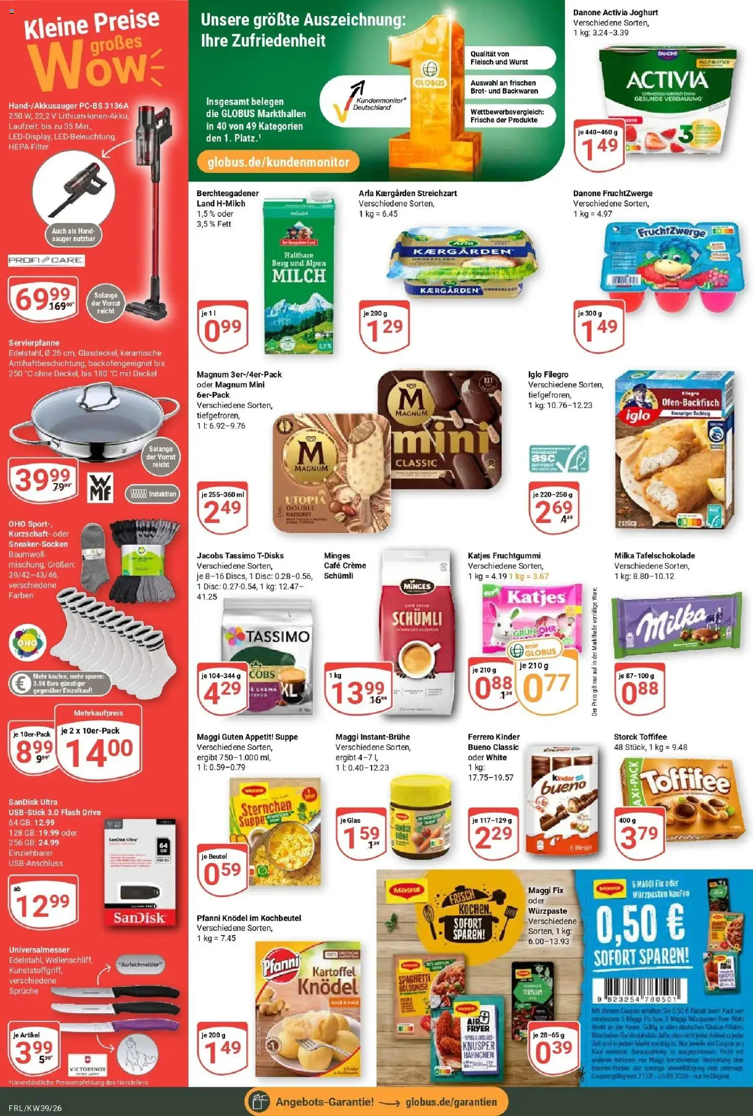 Globus Prospekt Freilassing (ab 21.09.2026) » Angebote online | Seite: 4 | Produkte: Danone activia, Joghurt, Milka, Fleisch