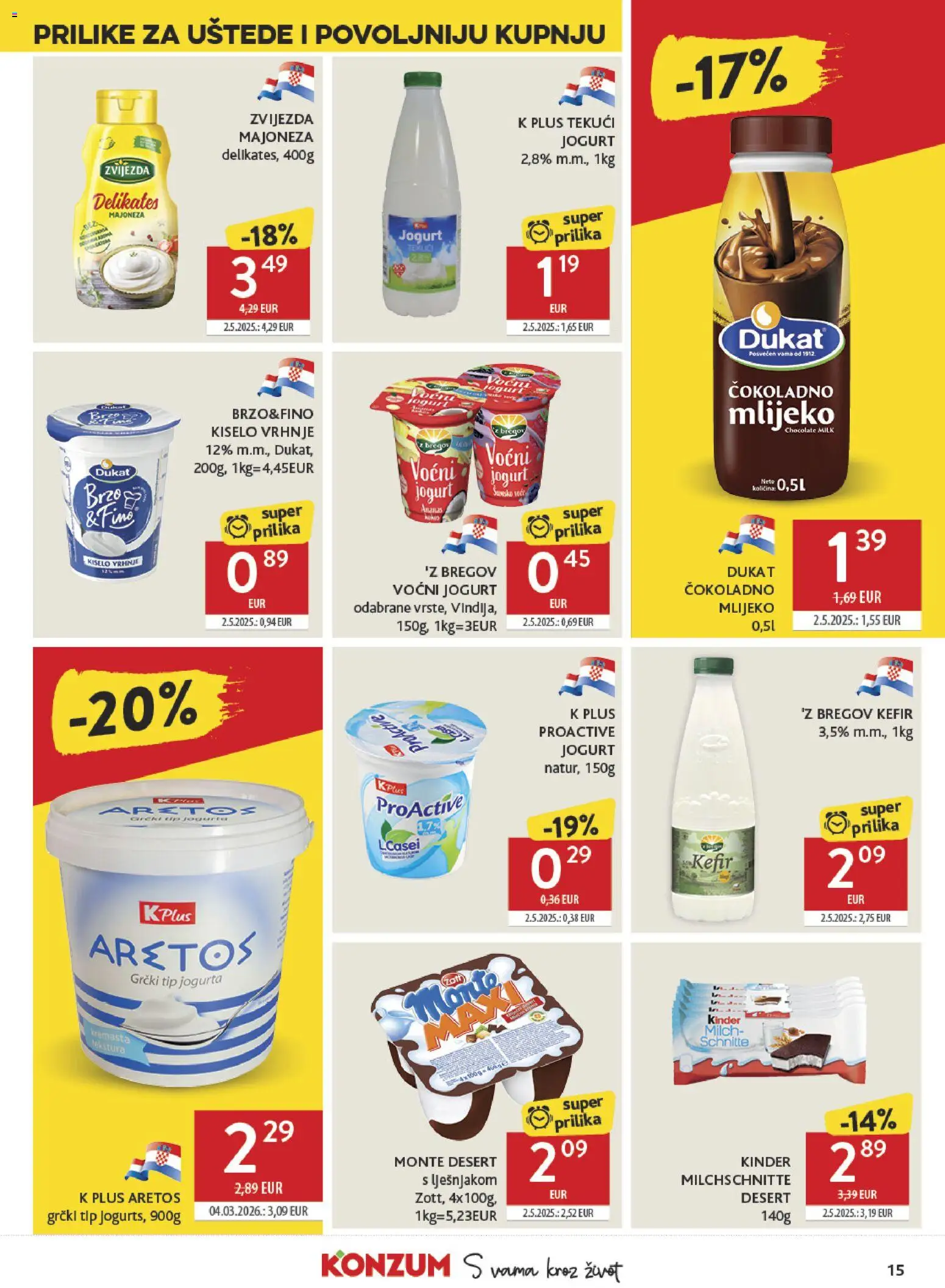 Konzum katalog | vrijedi od 29.04.2026 | Stranica: 15 | Proizvodi: Mlijeko, Voćni jogurt, Kiselo vrhnje, Majoneza