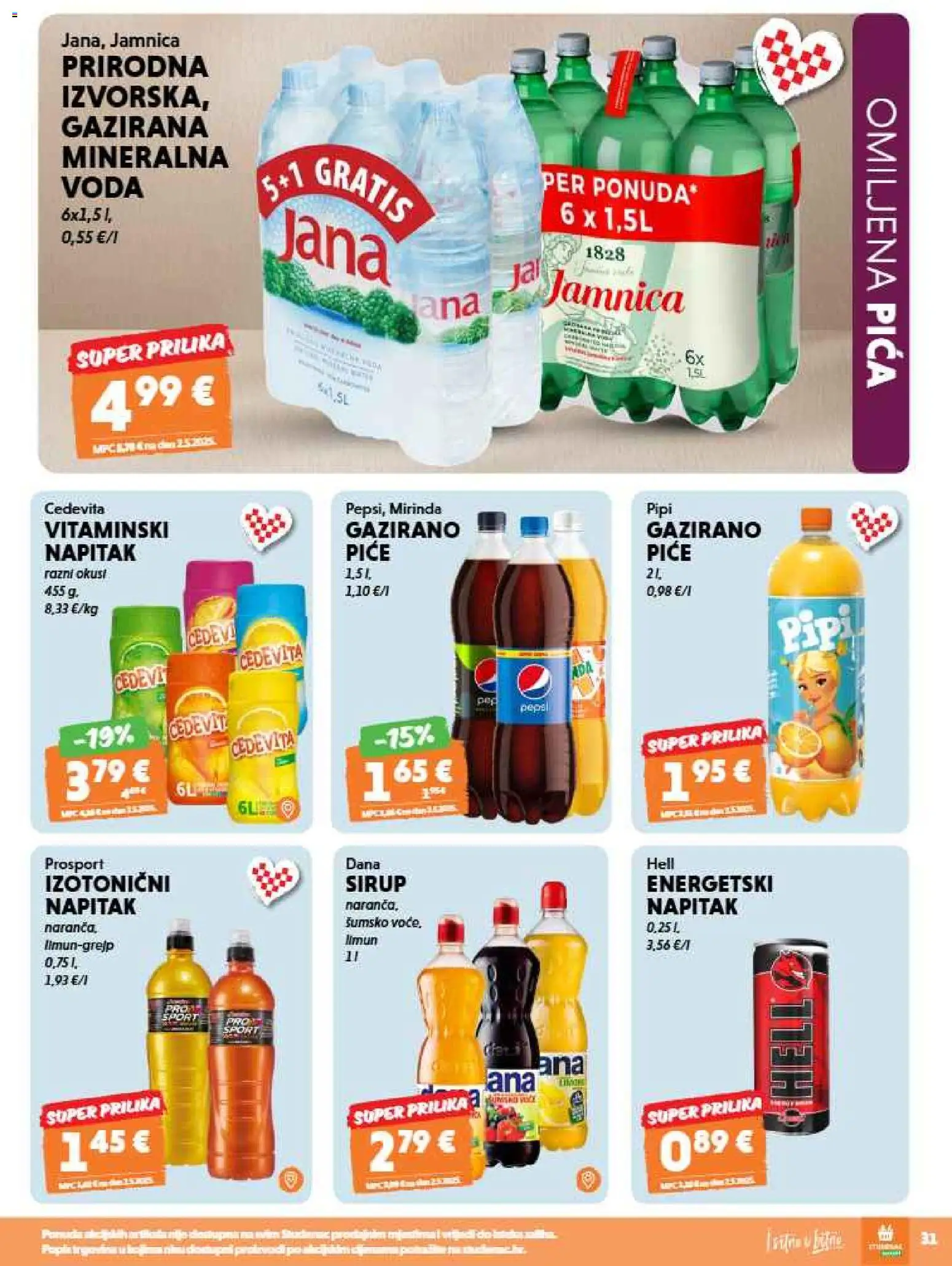 Studenac katalog | vrijedi od 26.08.2026 | Stranica: 31 | Proizvodi: Hell, Gazirana mineralna voda, Jamnica, Sirup