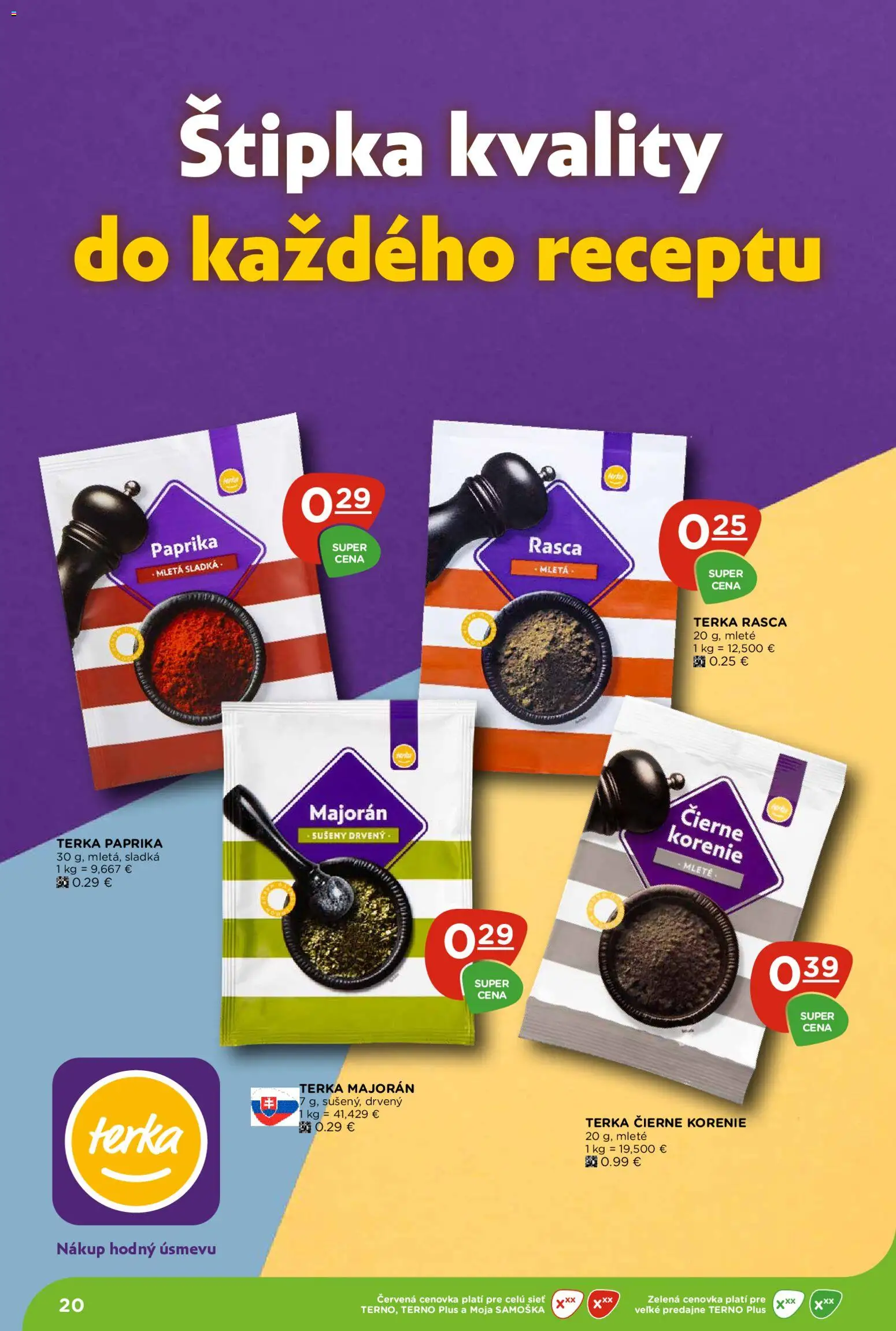 Nové Terno akcie – leták je platný od 30.07.2026 | Strana: 20 | Produkty: Paprika, Čierne korenie, Korenie, Majorán