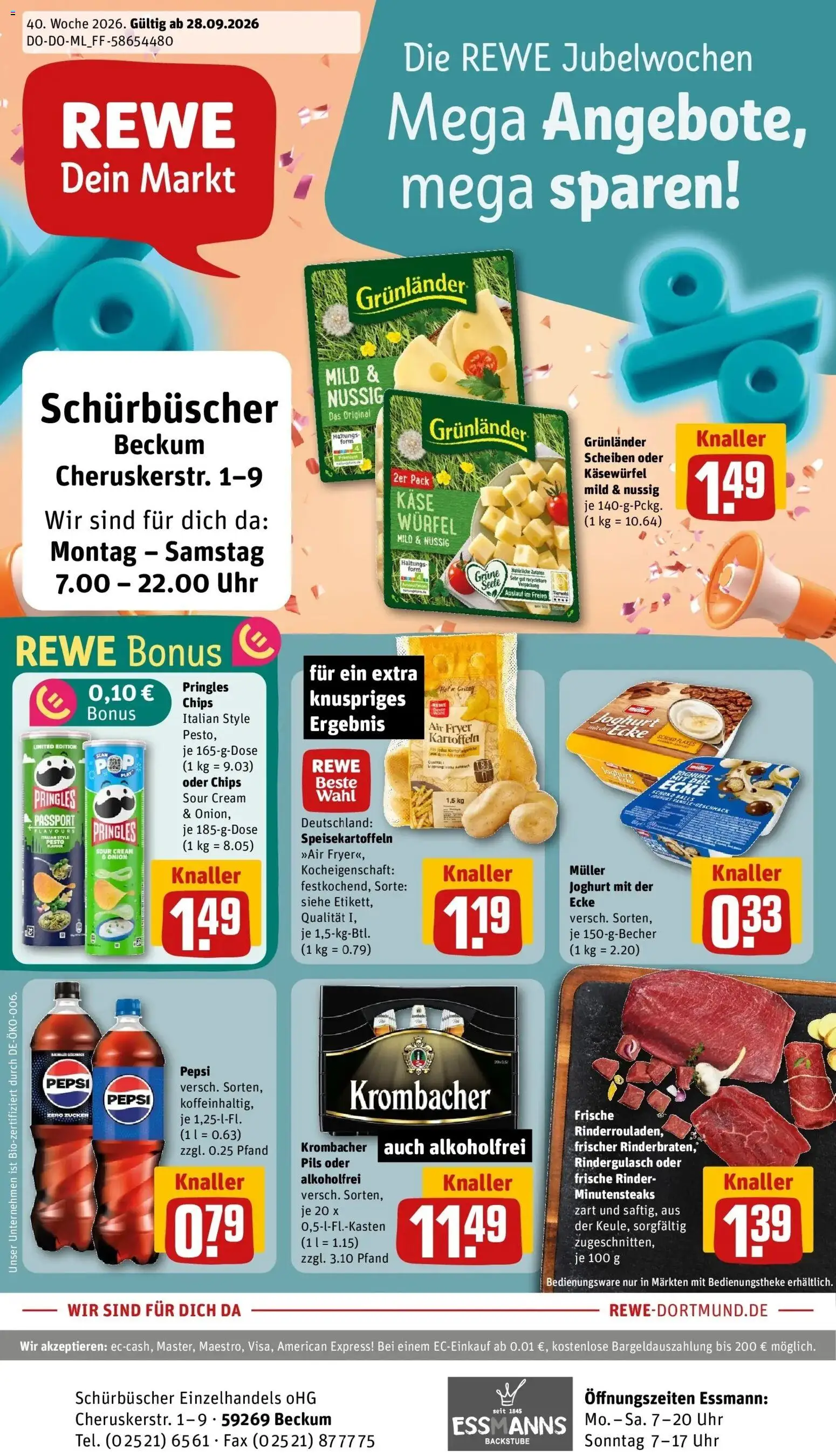 REWE Prospekt ab 28.09.2026 zum Blättern » Angebote | Seite: 1 | Produkte: Krombacher, Pepsi, Pringles, Chips