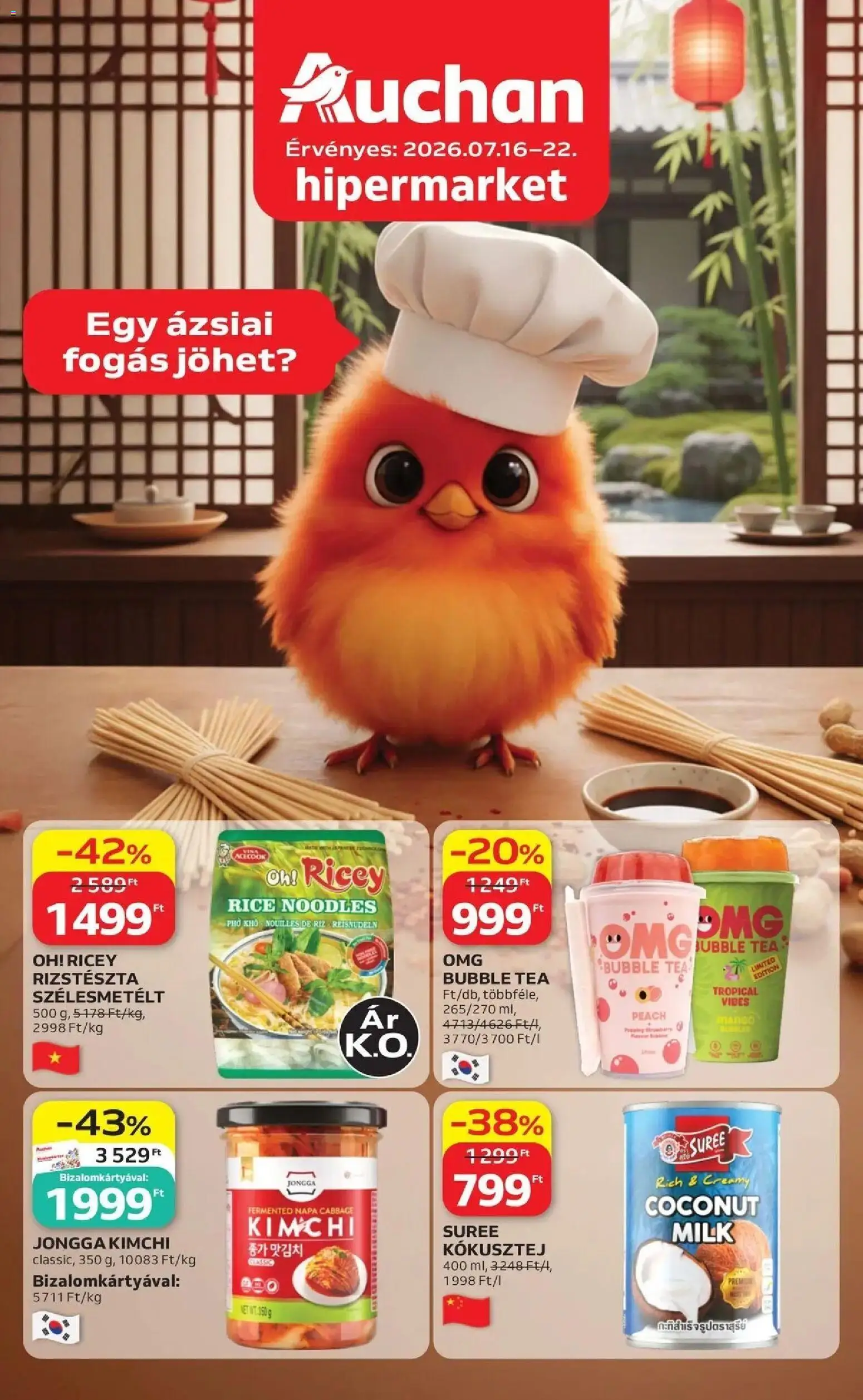 Auchan akciós ujság - amely érvényes a következő dátumtól: 2026.07.16. | Oldal: 1 | Termékek: Rizstészta, Kókusztej, Fogas, Mangó