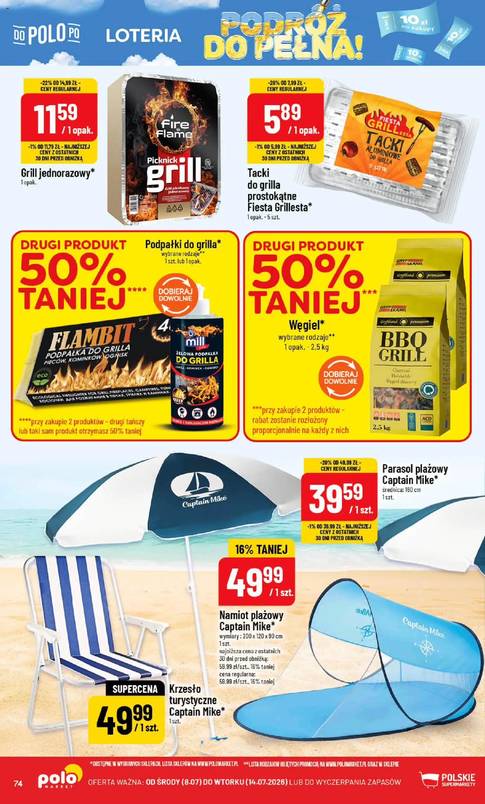POLOmarket gazetka od 08.07.2026 | Strona: 74 | Produkty: Namiot plażowy, Parasol, Grill, Krzesło