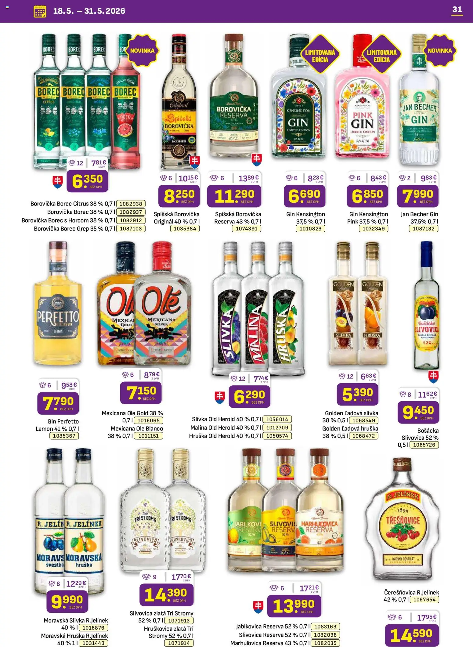 Nové Libex akcie – leták je platný od 18.05.2026 | Strana: 31 | Produkty: Borovička, Bošácka slivovica, Grep, Destilát