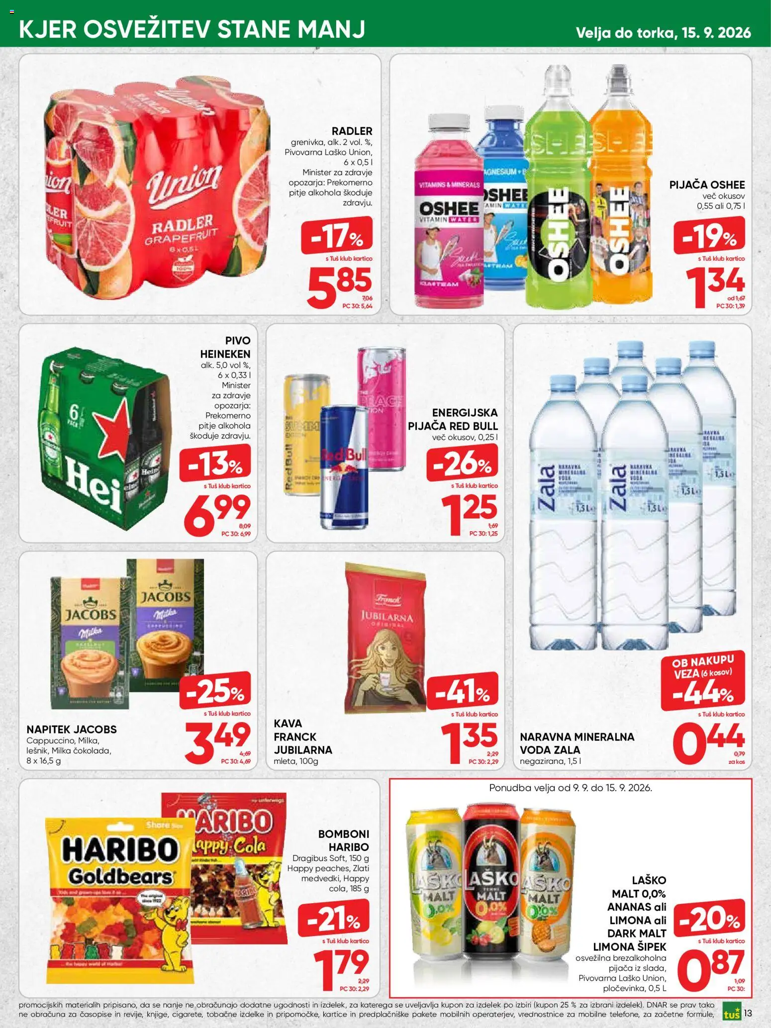 Novi Tuš katalog ponudbe – veljaven od 02.09.2026 | Stran: 13 | Izdelki: Heineken, Kos, Radler, Ananas
