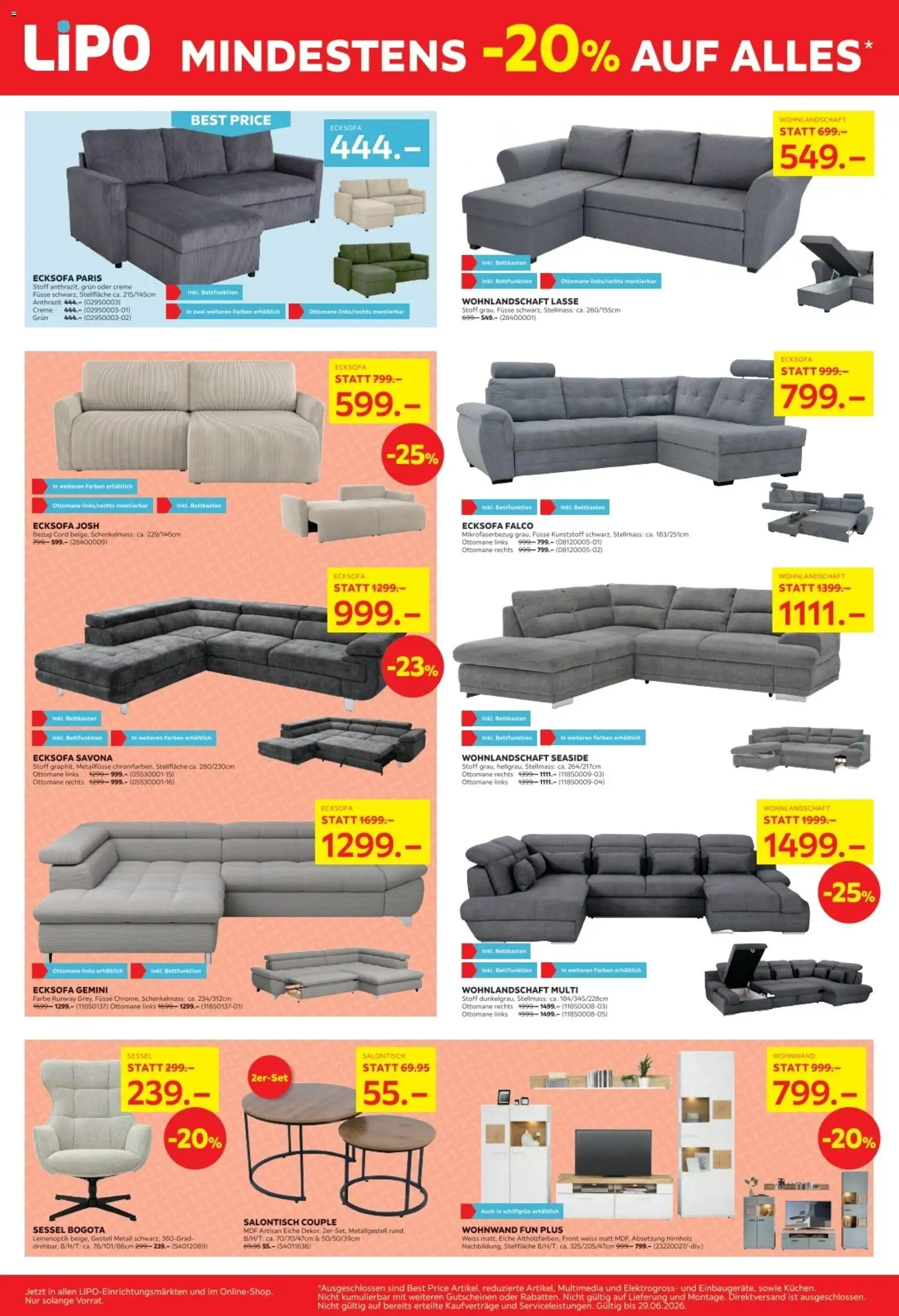 Lipo aktionen – gültig ab 16.06.2026 | Seite: 2 | Produkte: Ecksofa, Wohnwand, Wohnlandschaft, Creme