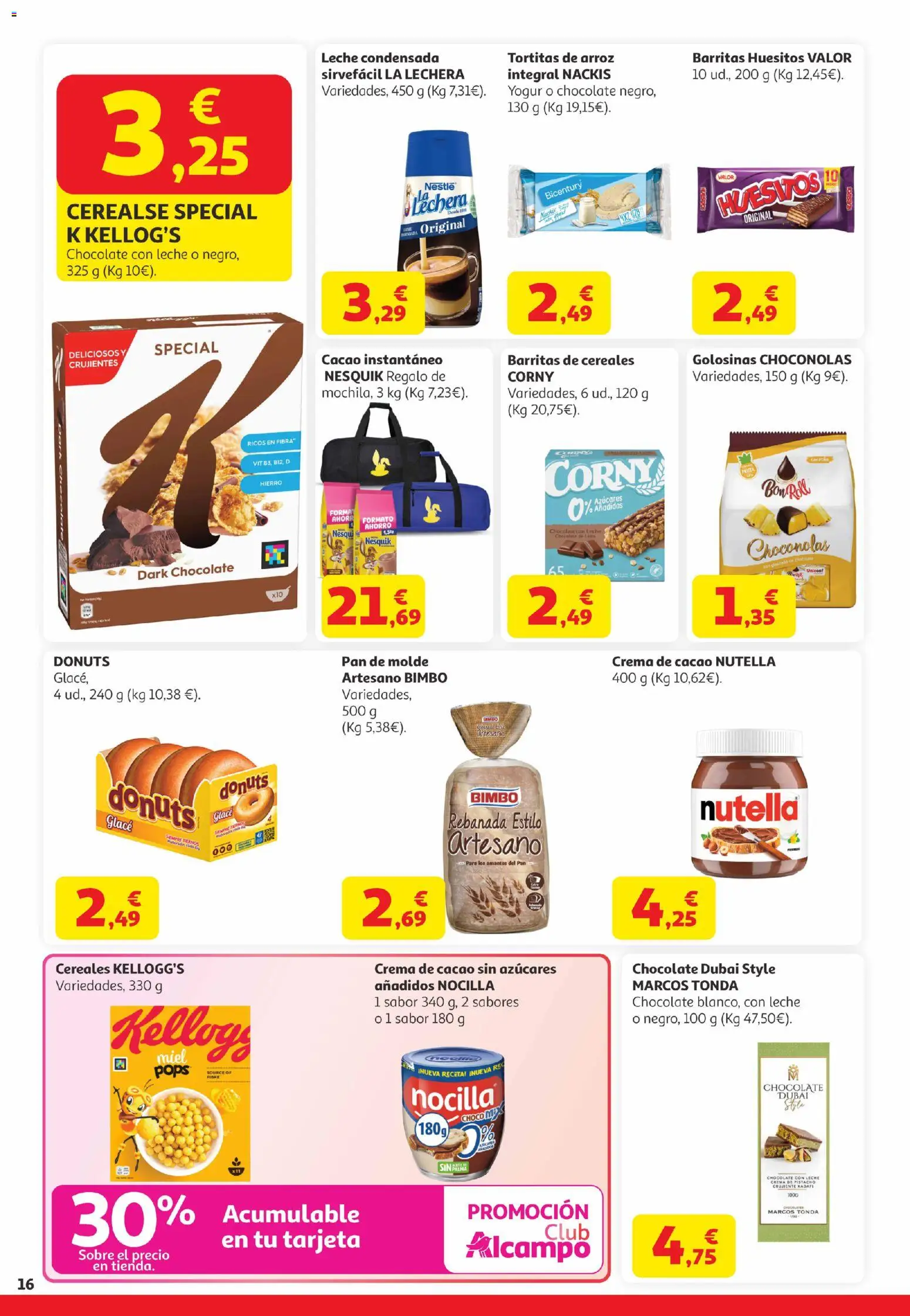 Alcampo Canarias │ válido desde el 21.04.2026 | Página: 16 | Productos: Chocolate, Arroz, Crema de cacao, Pan de molde