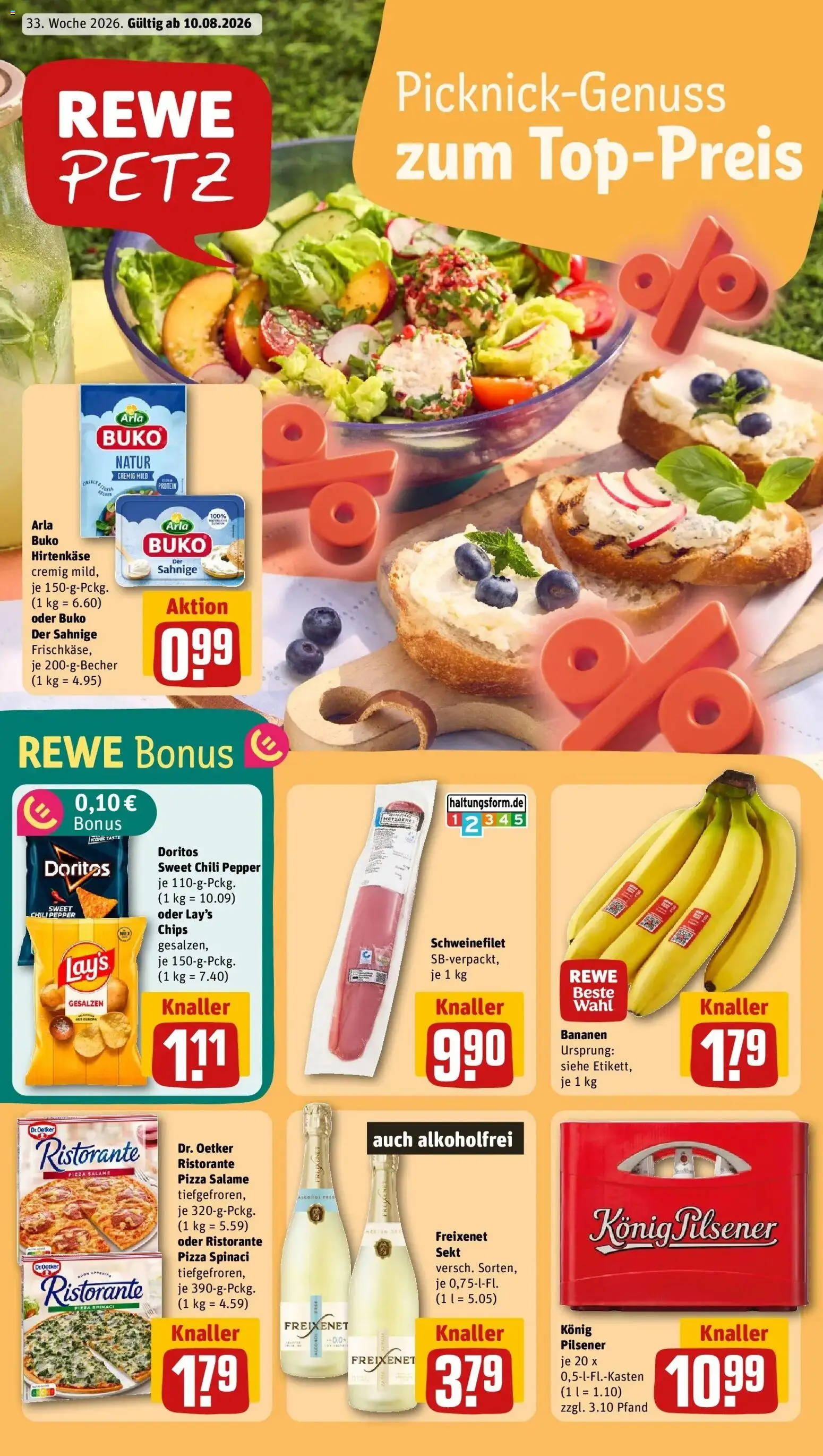 REWE Prospekt ab 10.08.2026 zum Blättern » Angebote | Seite: 1 | Produkte: Schweinefilet, Arla buko, Pizza, Chips