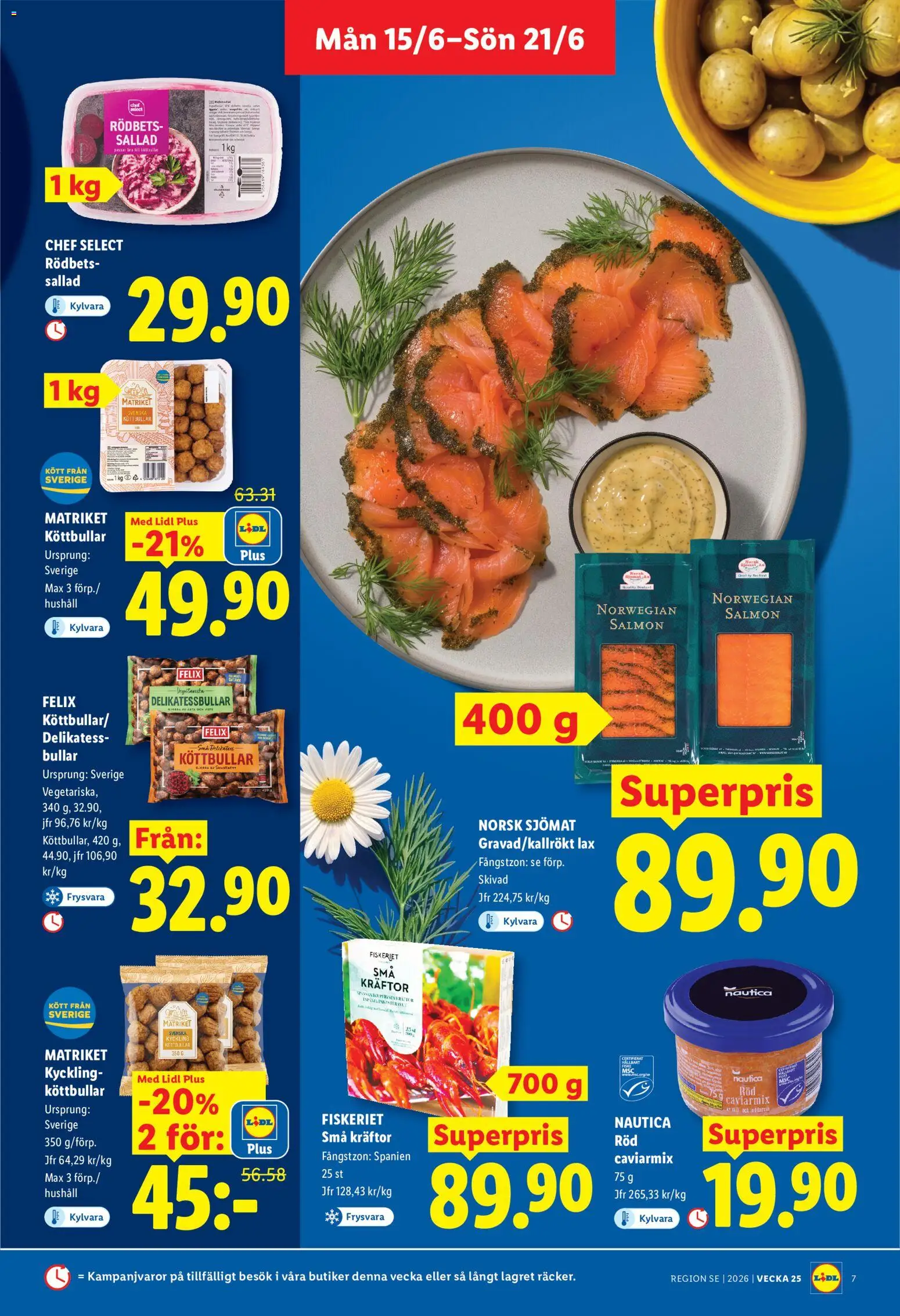 Lidl reklamblad aktuell från 15.06.2026 | Sida: 7 | Produkter: Köttbullar, Kräftor, Lax, Sallad
