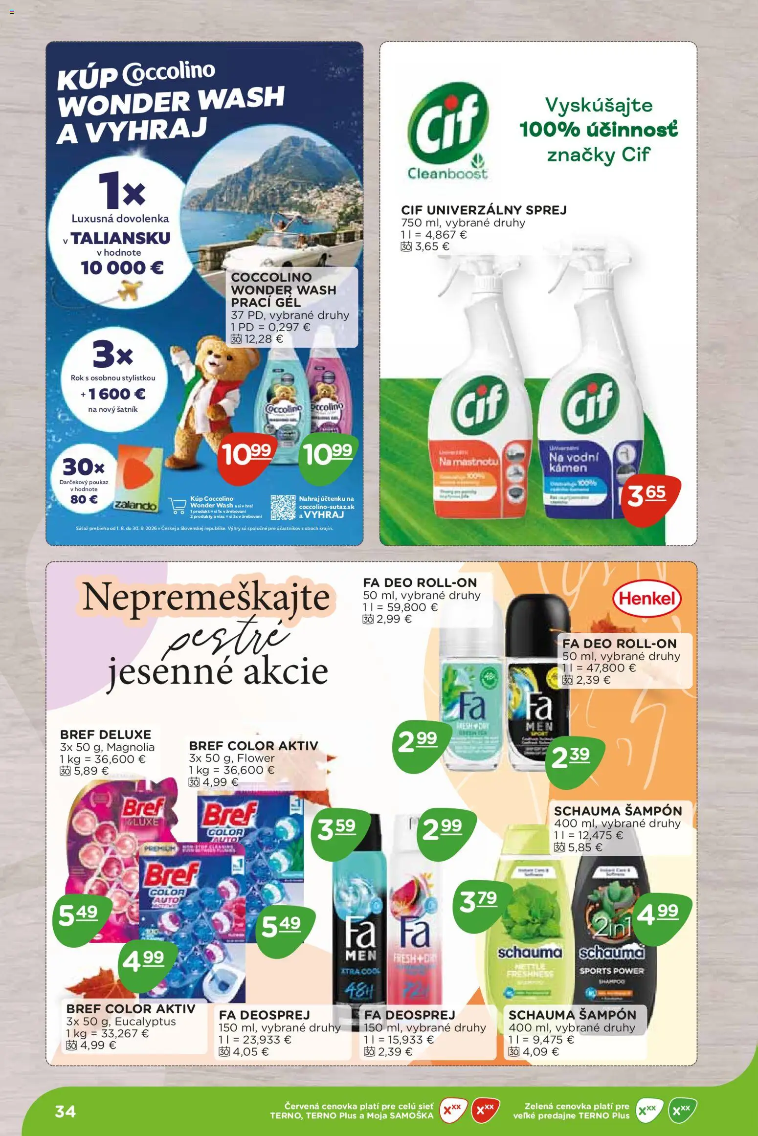 Nové Terno akcie – leták je platný od 07.09.2026 | Strana: 34 | Produkty: Šatník, Prací gél, Šampón, Cif