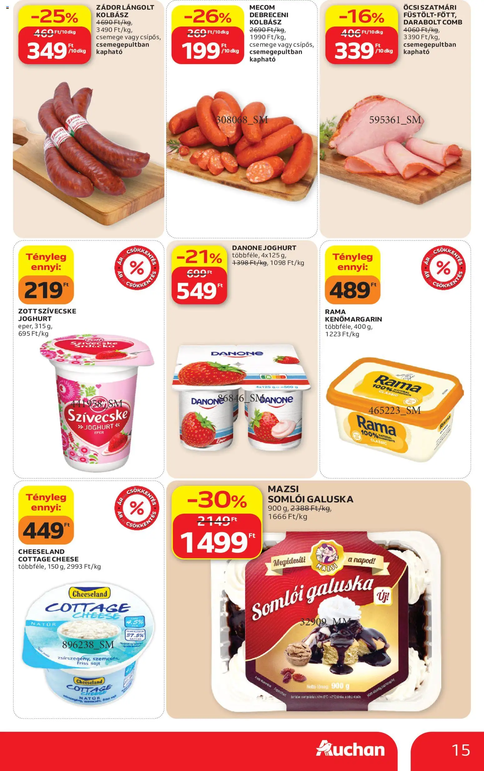 Auchan akciós ujság - amely érvényes a következő dátumtól: 2026.10.01. | Oldal: 15 | Termékek: Somlói galuska, Debreceni, Rama, Cottage cheese
