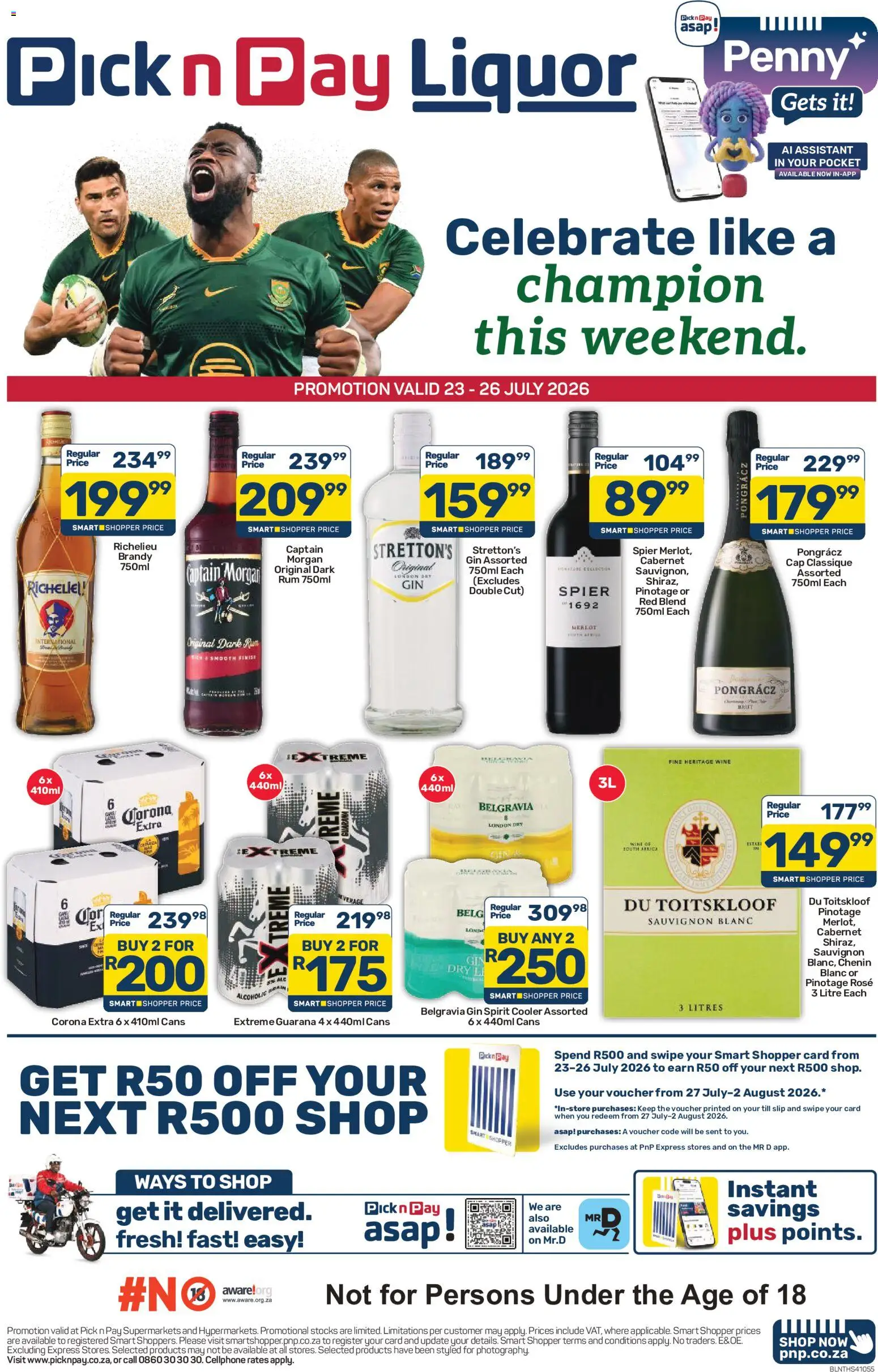 New Pick n Pay catalogue – valid from 23/07/2026 | Page: 1 | Products: Brandy, Rum, Cooler, Gin