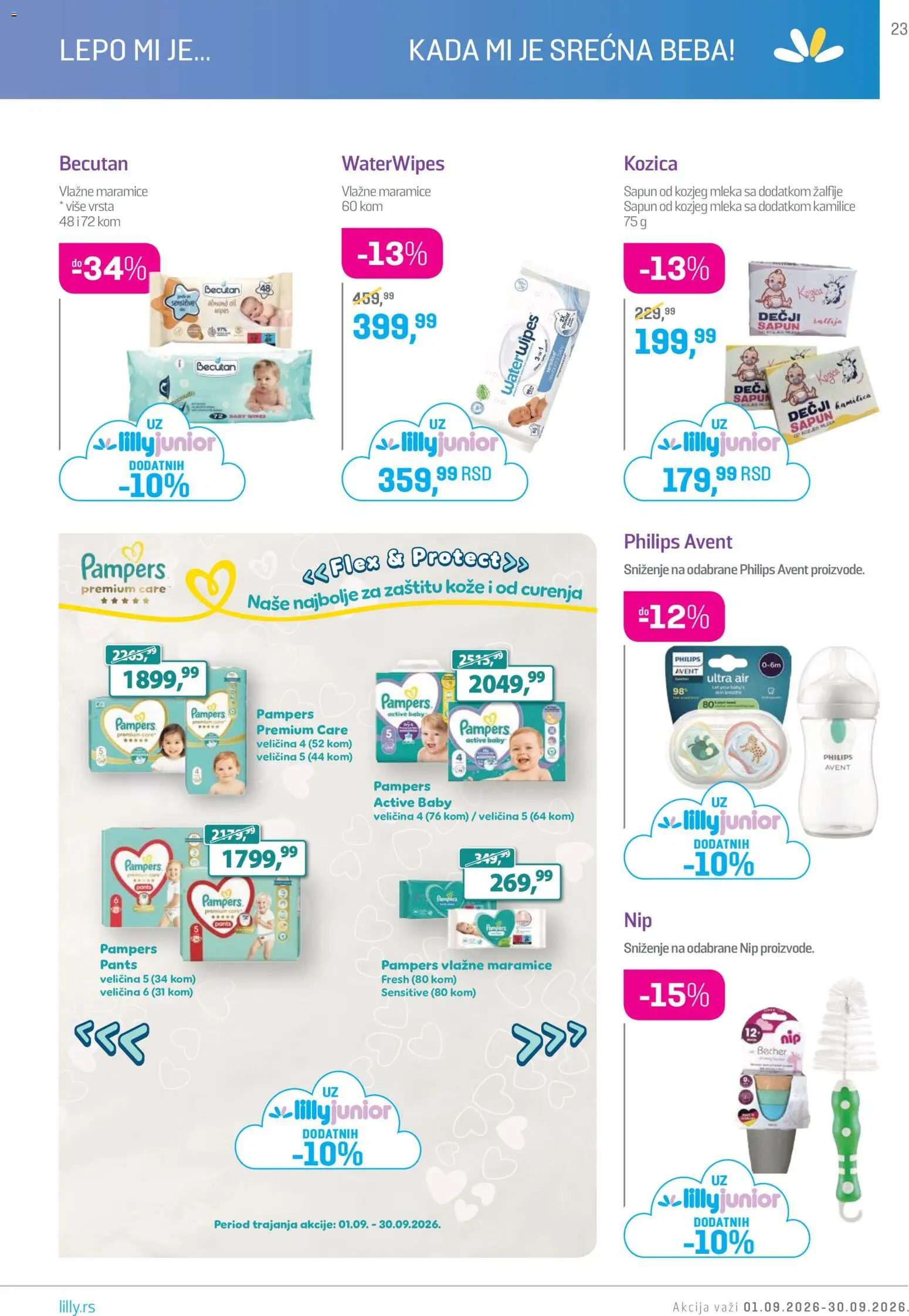 Lilly drogerie katalog - važi od 01.09.2026 | Strana: 23 | Proizvode: Maramice, Pampers, Sapun, Vlažne maramice