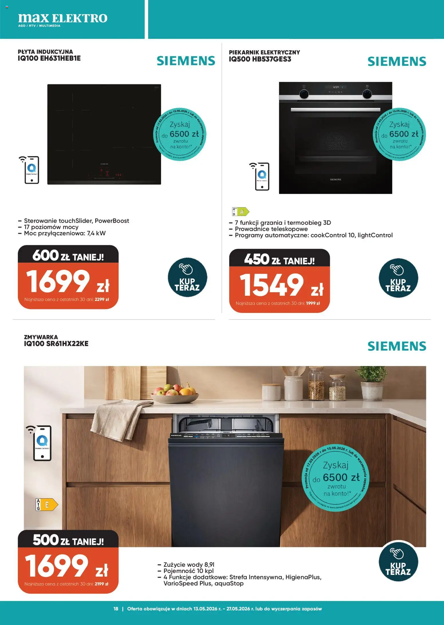 Max elektro gazetka od 13.05.2026 | Strona: 18 | Produkty: Płyta indukcyjna, Piekarnik, Zmywarka