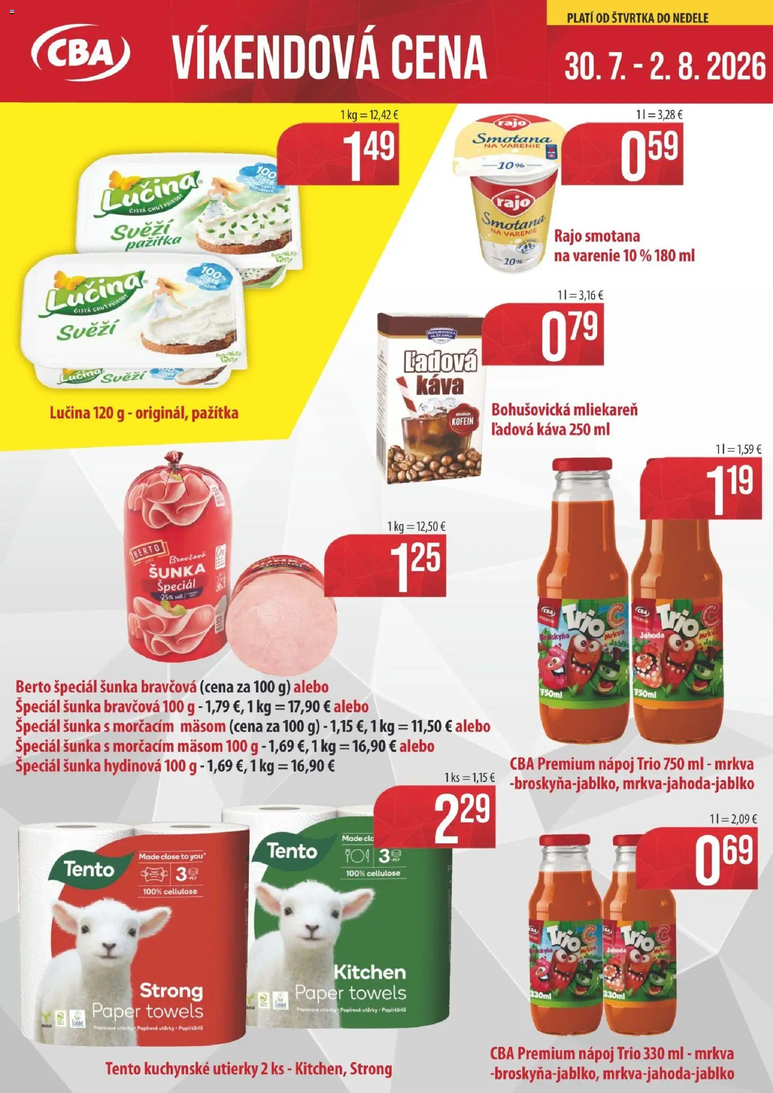 Nové KARMEN CBA akcie – leták je platný od 30.07.2026 | Strana: 1 | Produkty: Šunka, Smotana, Mrkva, Soľ