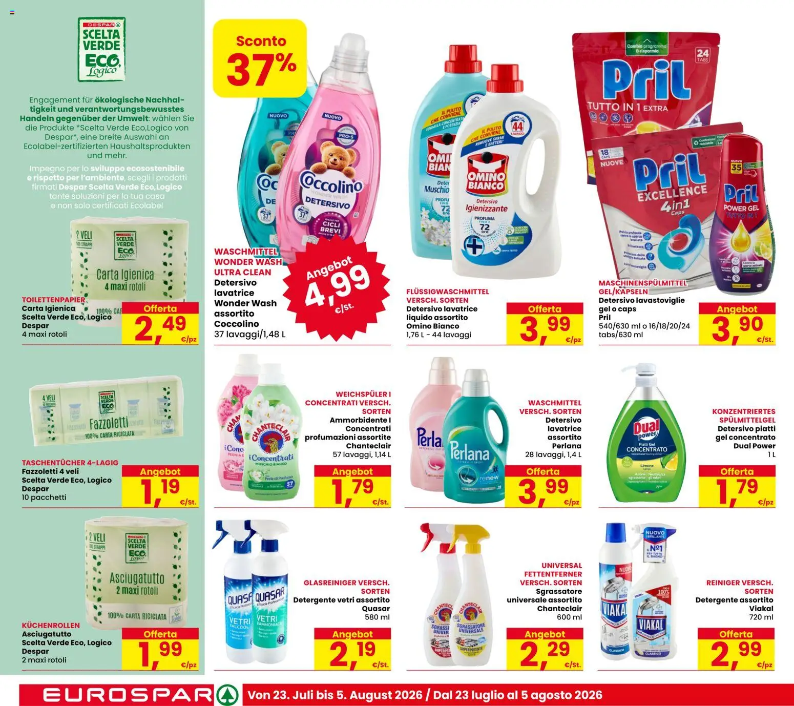 Volantino Eurospar del 23/07/2026 | Pagina: 18 | Prodotti: Carta igienica, Ammorbidente, Detergente, Lavastoviglie