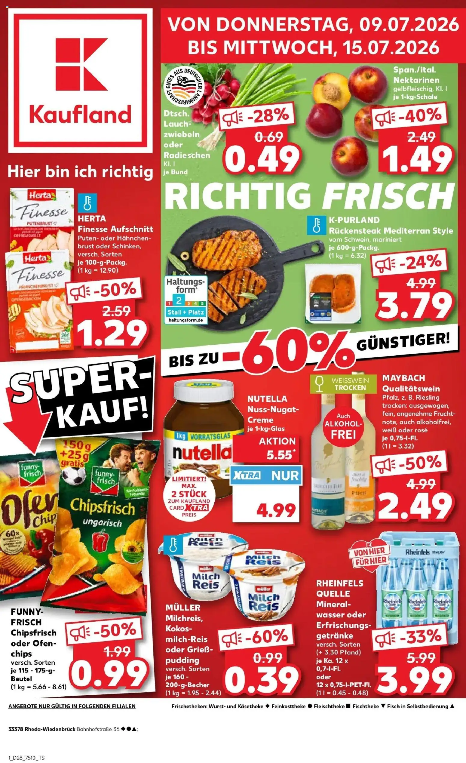 Kaufland Prospekt Rheda-Wiedenbrück – gültig ab 09.07.2026 | Seite: 1 | Produkte: Nektarinen, Weißwein, Zwiebeln, Lauch