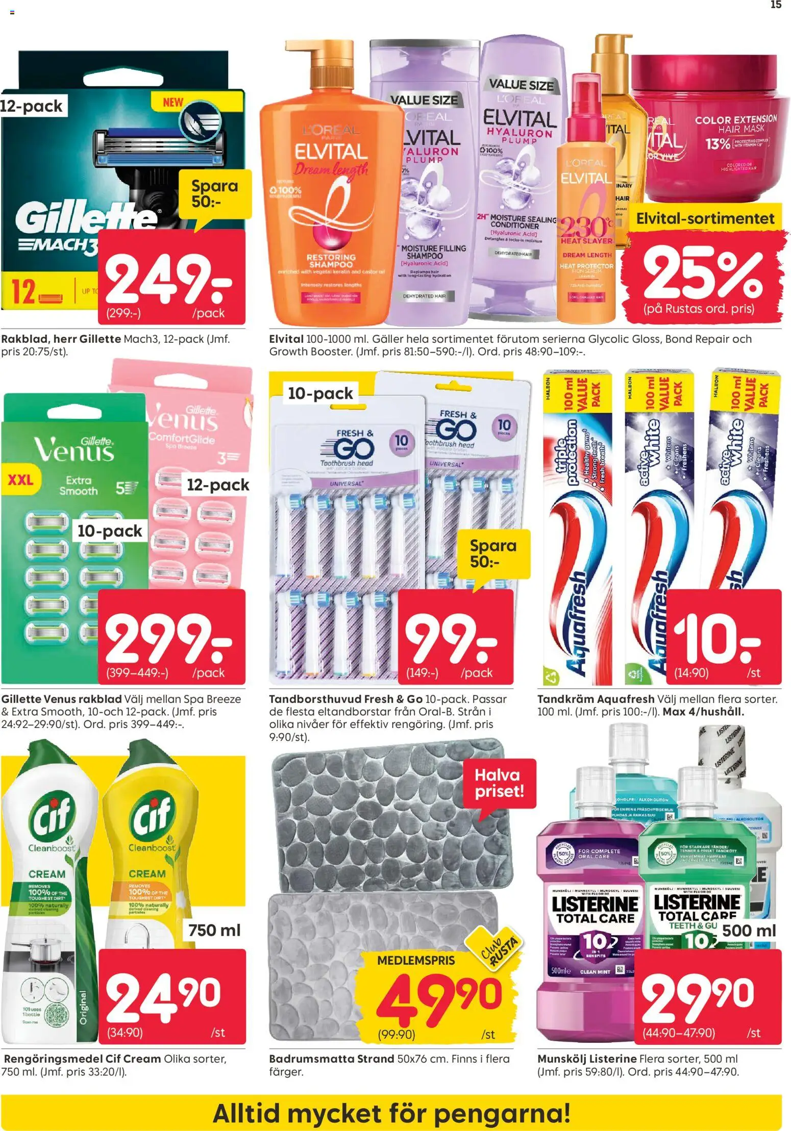 Rusta reklamblad aktuell från 08.06.2026 | Sida: 15 | Produkter: Badrumsmatta, Tandkräm, Rengöringsmedel, Rakblad