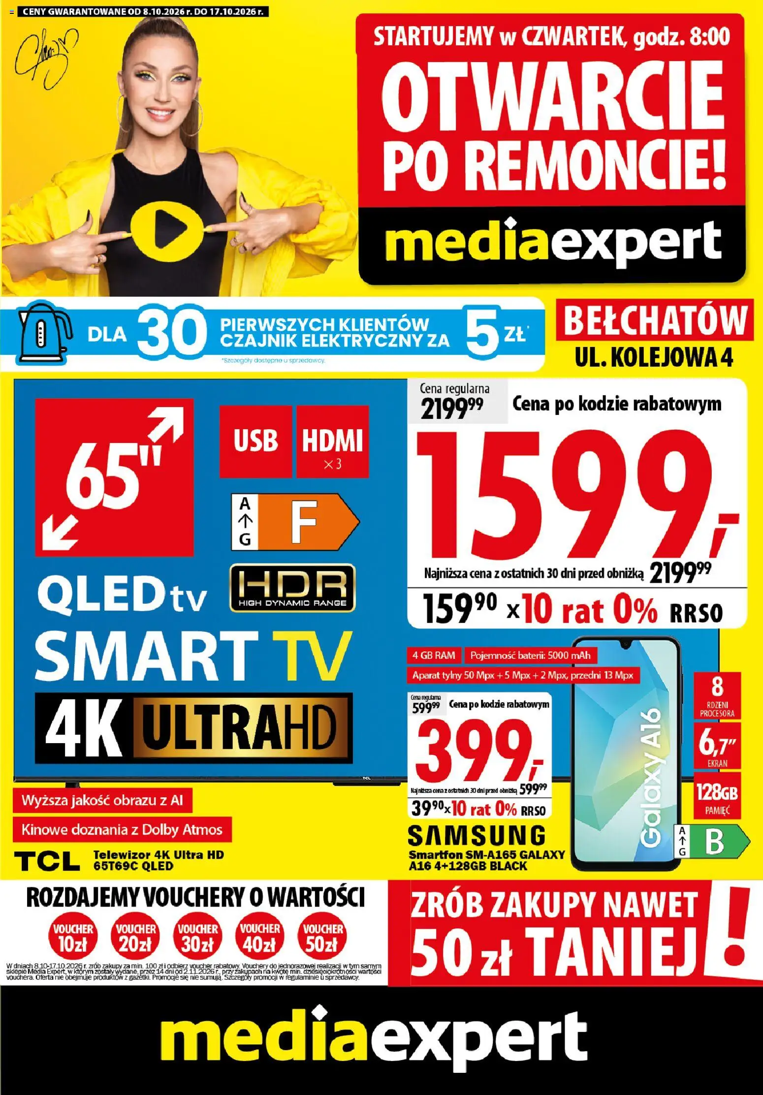 Mediaexpert promocje - Wielkie otwarcie Bełchatów od 08.10.2026 | Strona: 1 | Produkty: Czajnik elektryczny, Smartfon, Telewizor, Czajnik