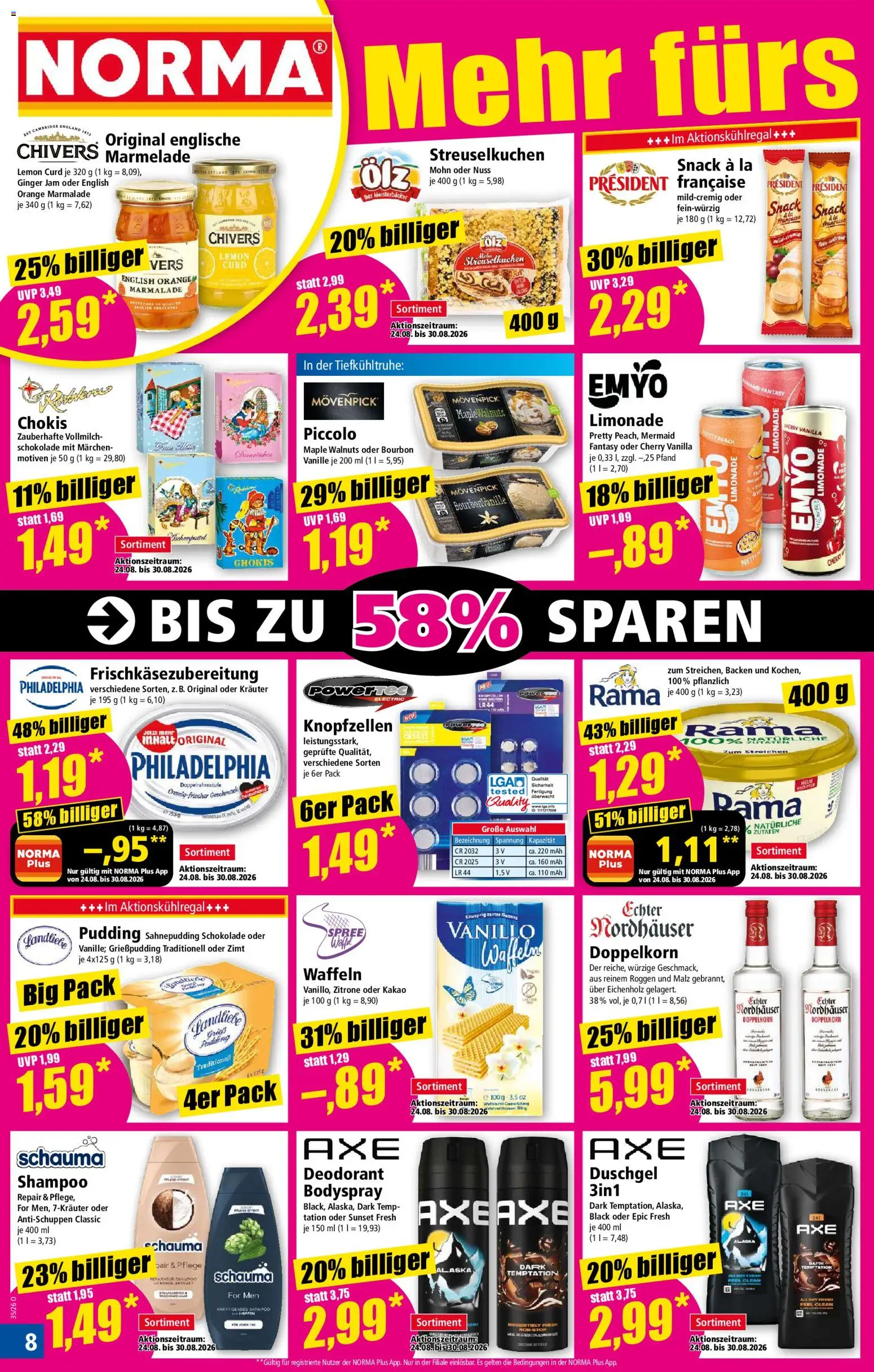 Norma Prospekt – gültig ab 24.08.2026 | Seite: 8 | Produkte: Philadelphia, Pudding, Waffeln, Bourbon